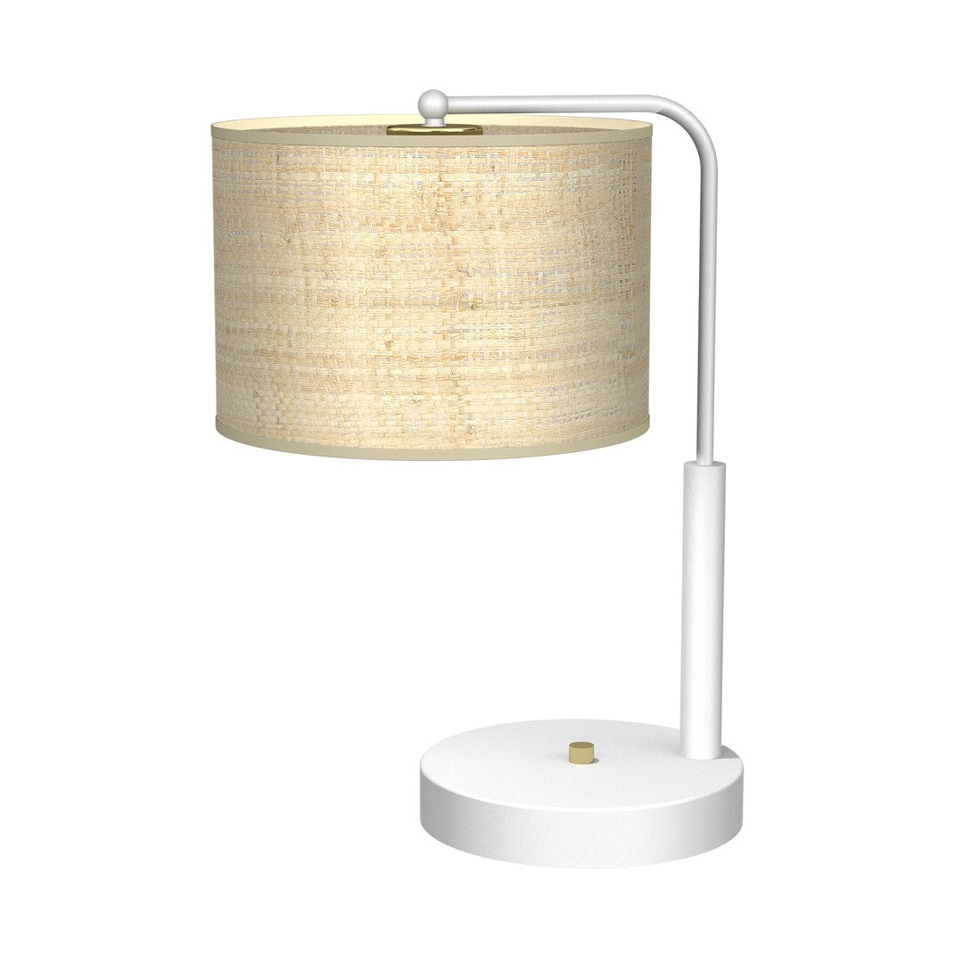 Marshall Hand Made Designer Table Lamp In Matt White Metal And Natural Rattan Coloured Fabric