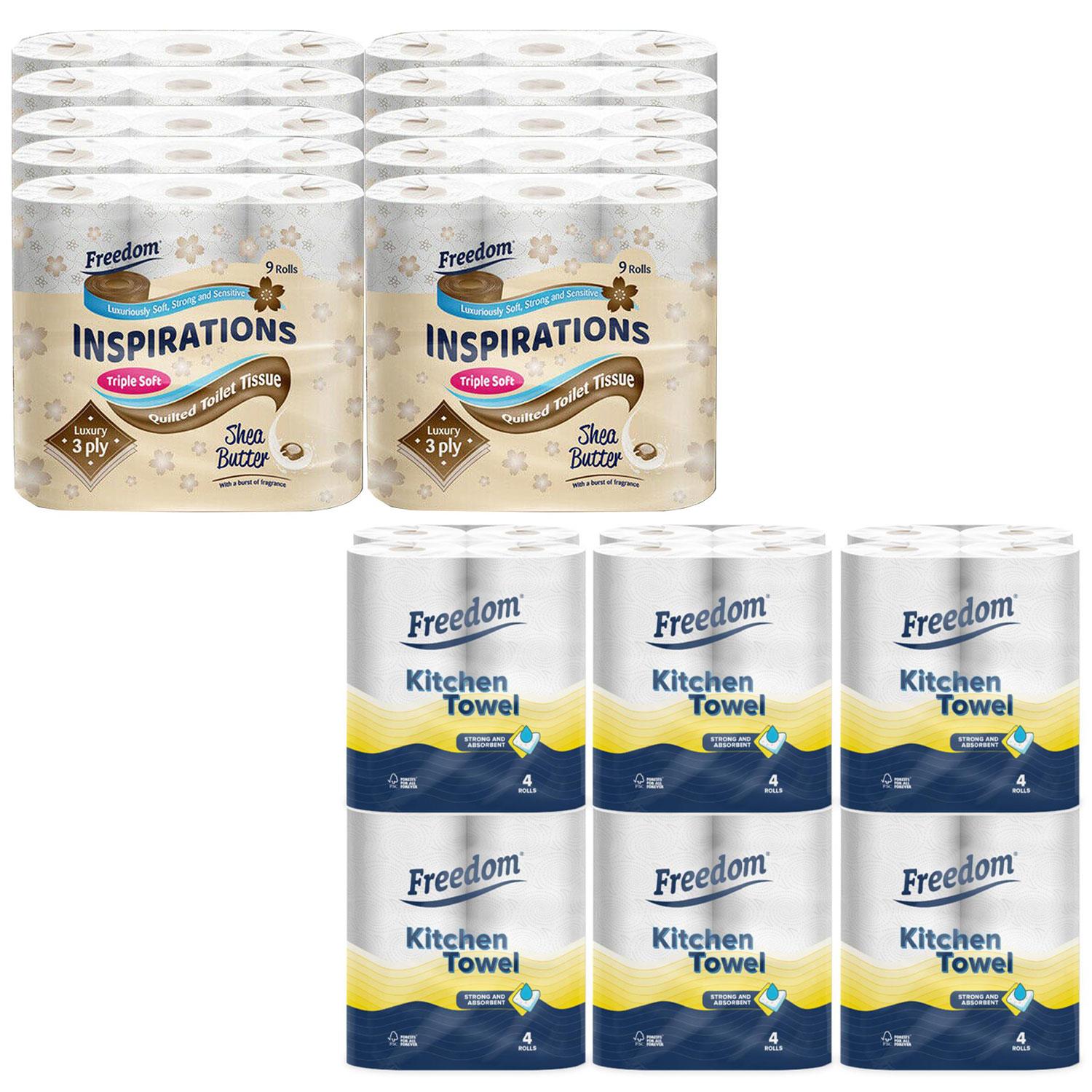Freedom Shea Butter 3-ply 90 Rolls + Rhino Kitchen Paper 24 Rolls