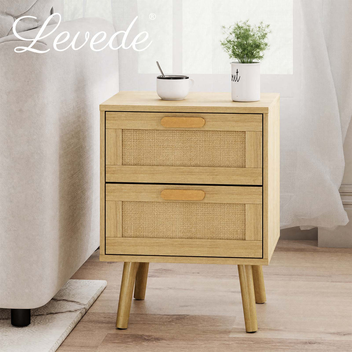Levede Bedside Table Rattan 2 Pack Drawers Nightstand 57cm Bedroom Bamboo