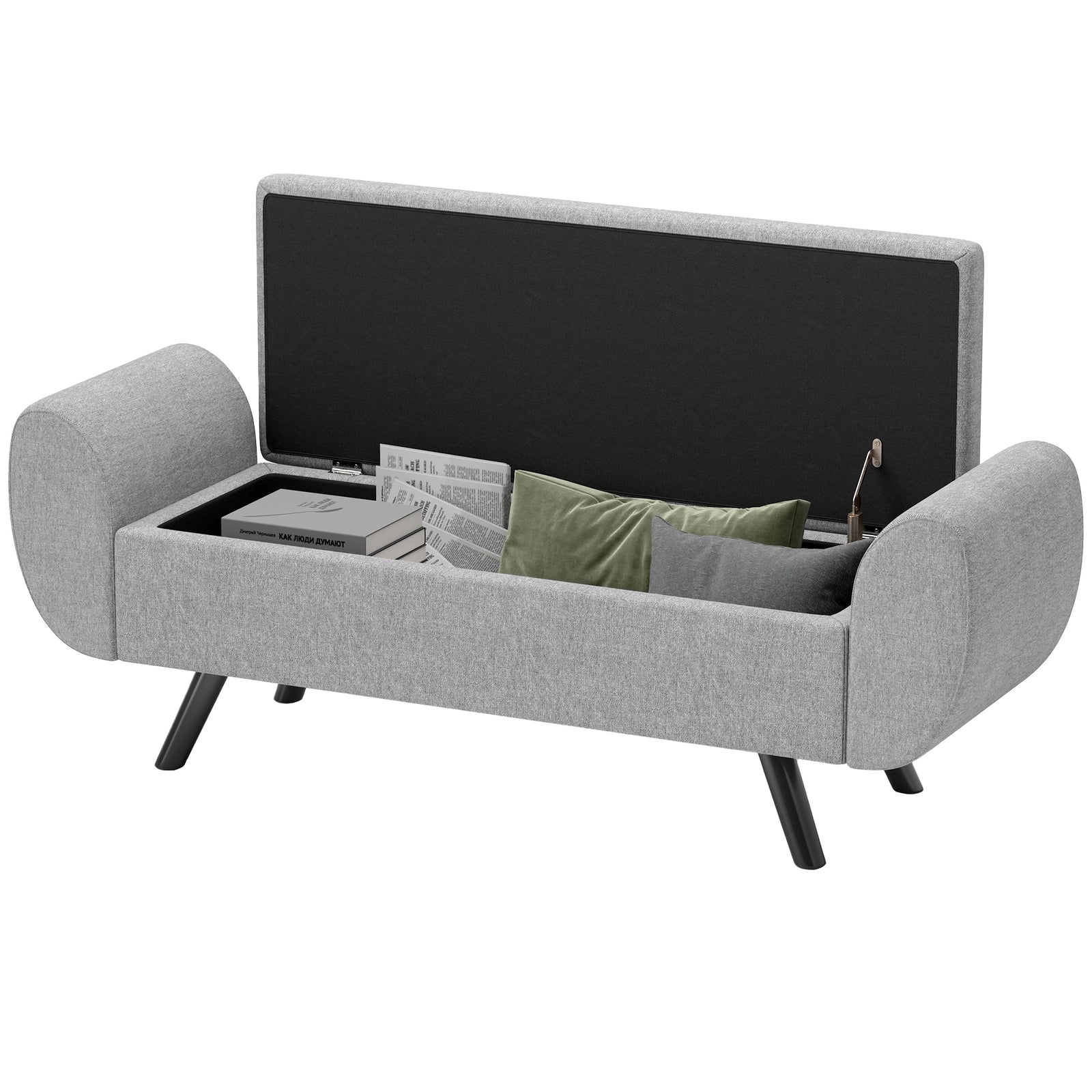 Storage Ottoman With Armrest, Upholstered Linen Storage Bench | Dark Grey