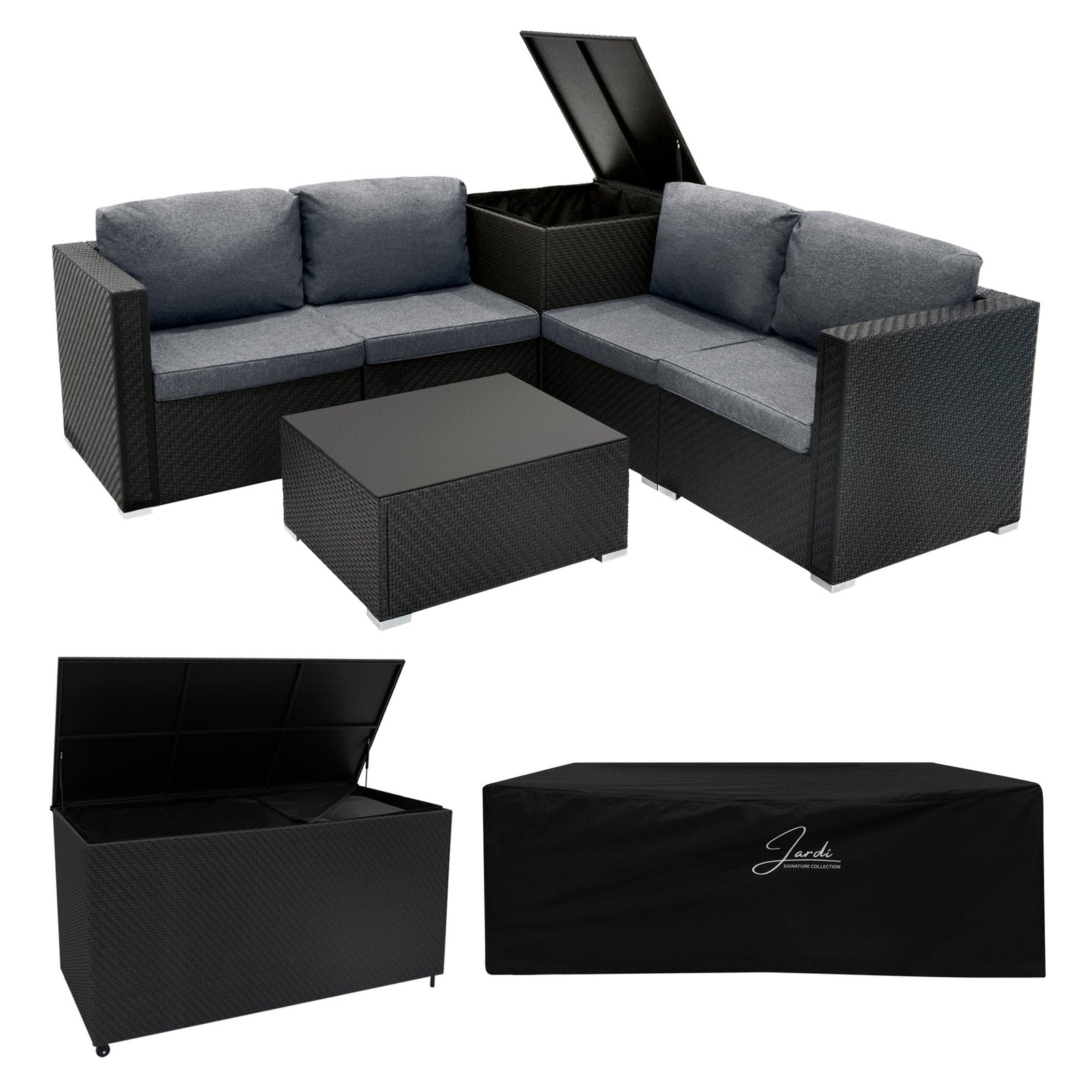 Rattan Modular 6 Piece Furniture Set & 996l Storage Box | Black