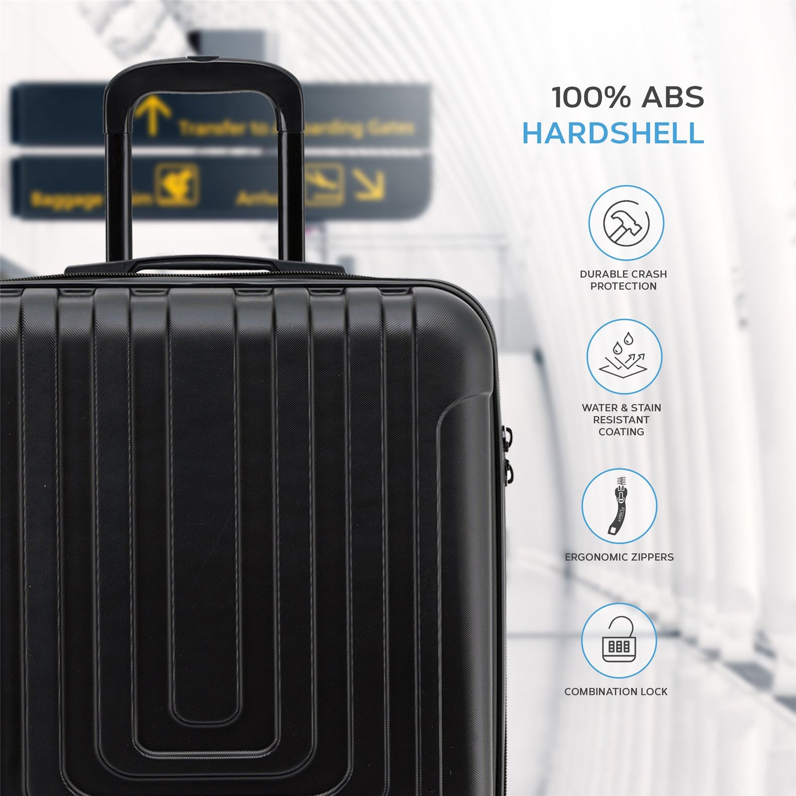 56x45x25cm Large Cabin Carry On Case - Overhead Luggage Suitcase - 4 Spinner Wheels - Abs Hard Shell Cabin Bag | Cabin | Black