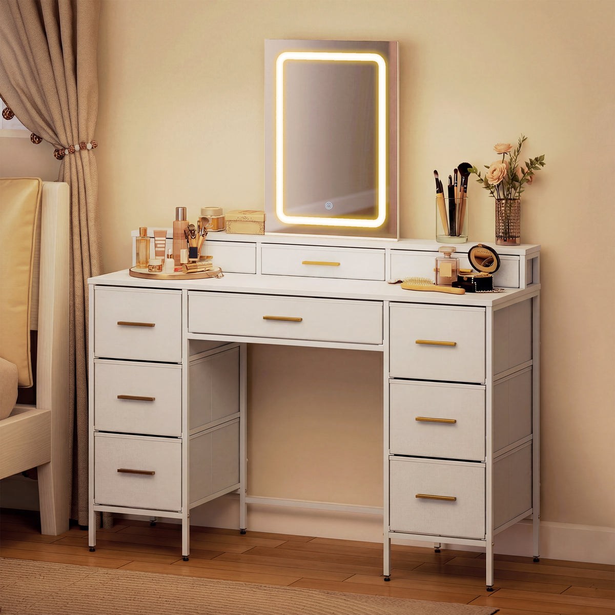 HOMCOM Dressing Table With Led Lighting Mirror And 10 Drawers, White