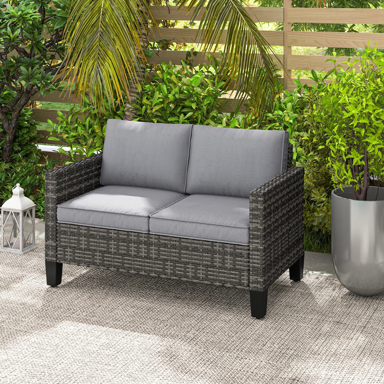 Rattan Sofa W/ Cushions, 2 Seater Garden Furniture | Dark Gray