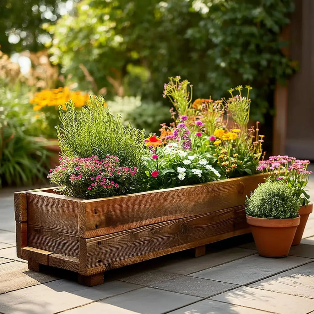 Pine Wooden Planter Flower Trough With Feet | 120cm x 18cm x 15cm | Brown