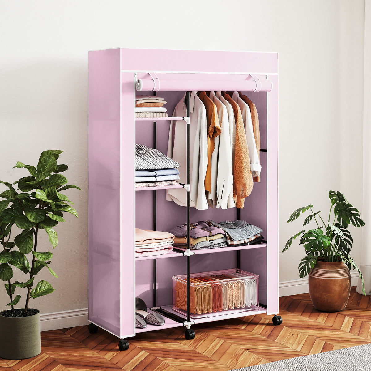 HOMCOM Fabric Wardrobe W/ Shelves Hanging Rail Foldable Wardrobes, Pink