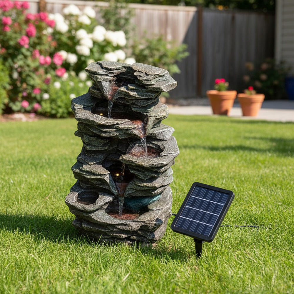 Solar-powered Outdoor Water Fountain With Led Lights, Tiered Faux Stone Garden Décor