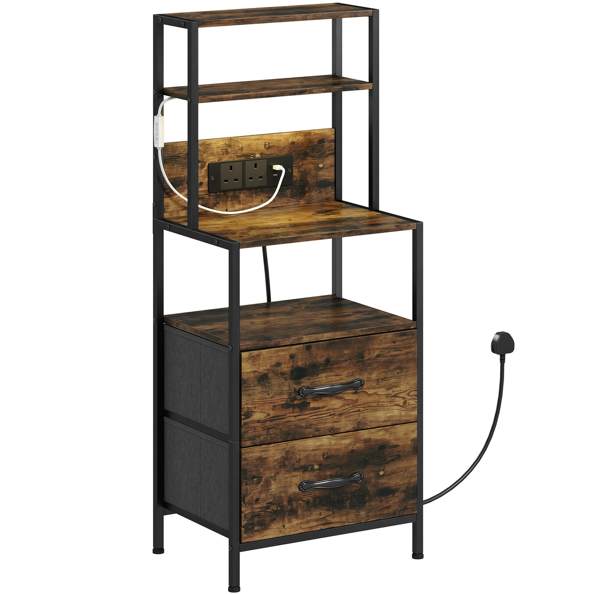 HOMCOM Bedside Table With Charging Station & Led Light Strips, Rustic Brown