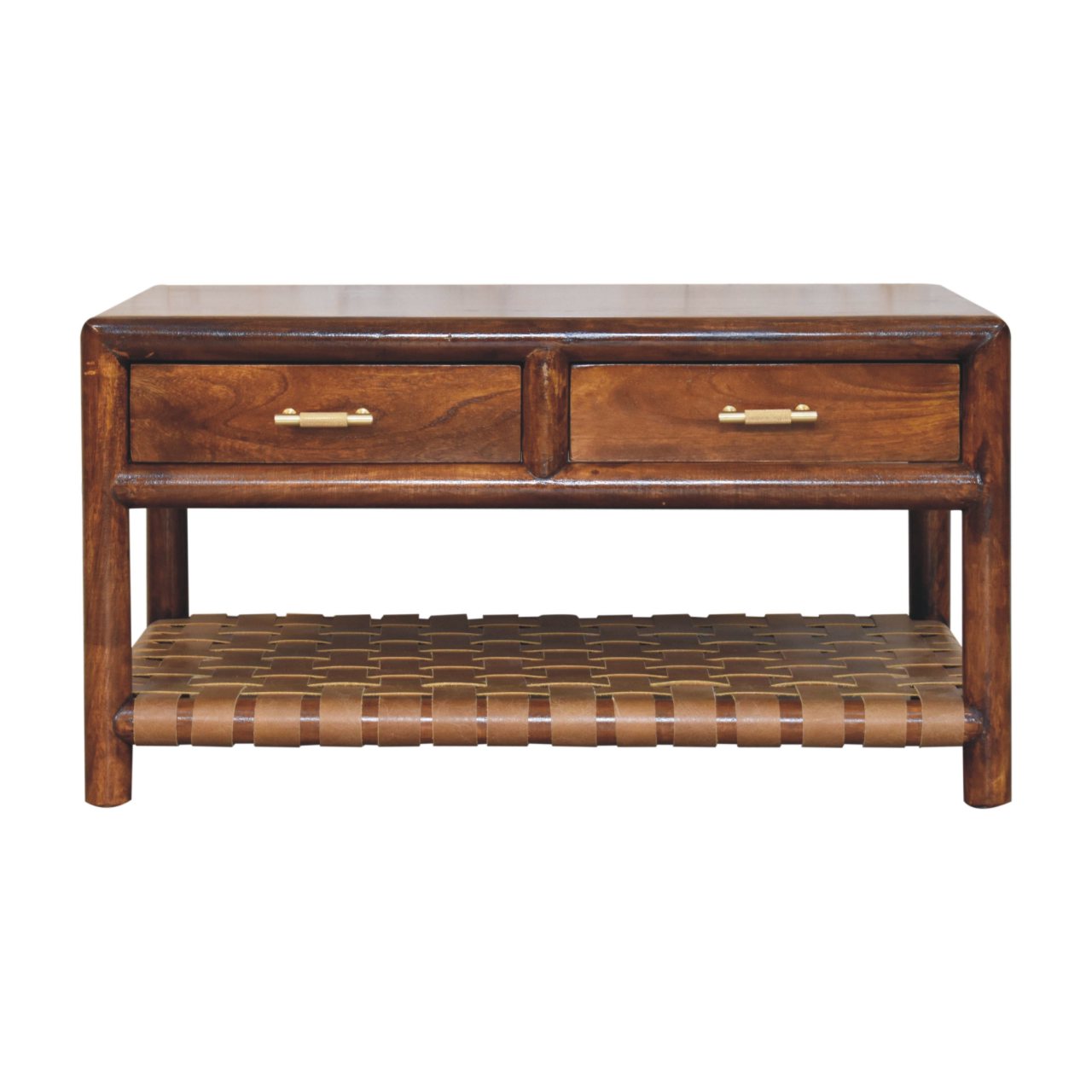 Solid Wood Regency Woven Console Table, 4 Drawers And 1 Braided Open Shelf, Dark Brown