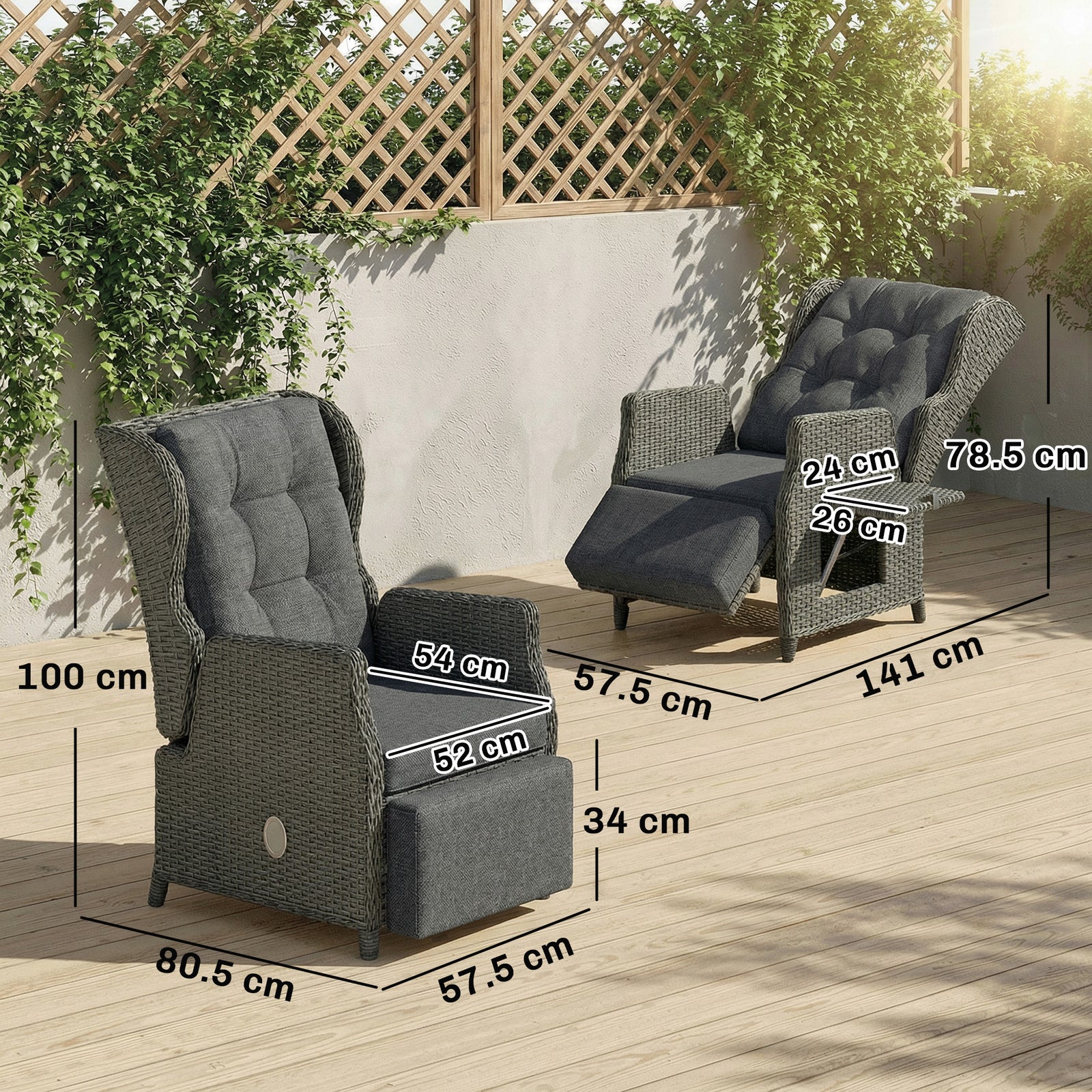 Rattan Garden Recliner Chair With Flip Table | Dark Grey