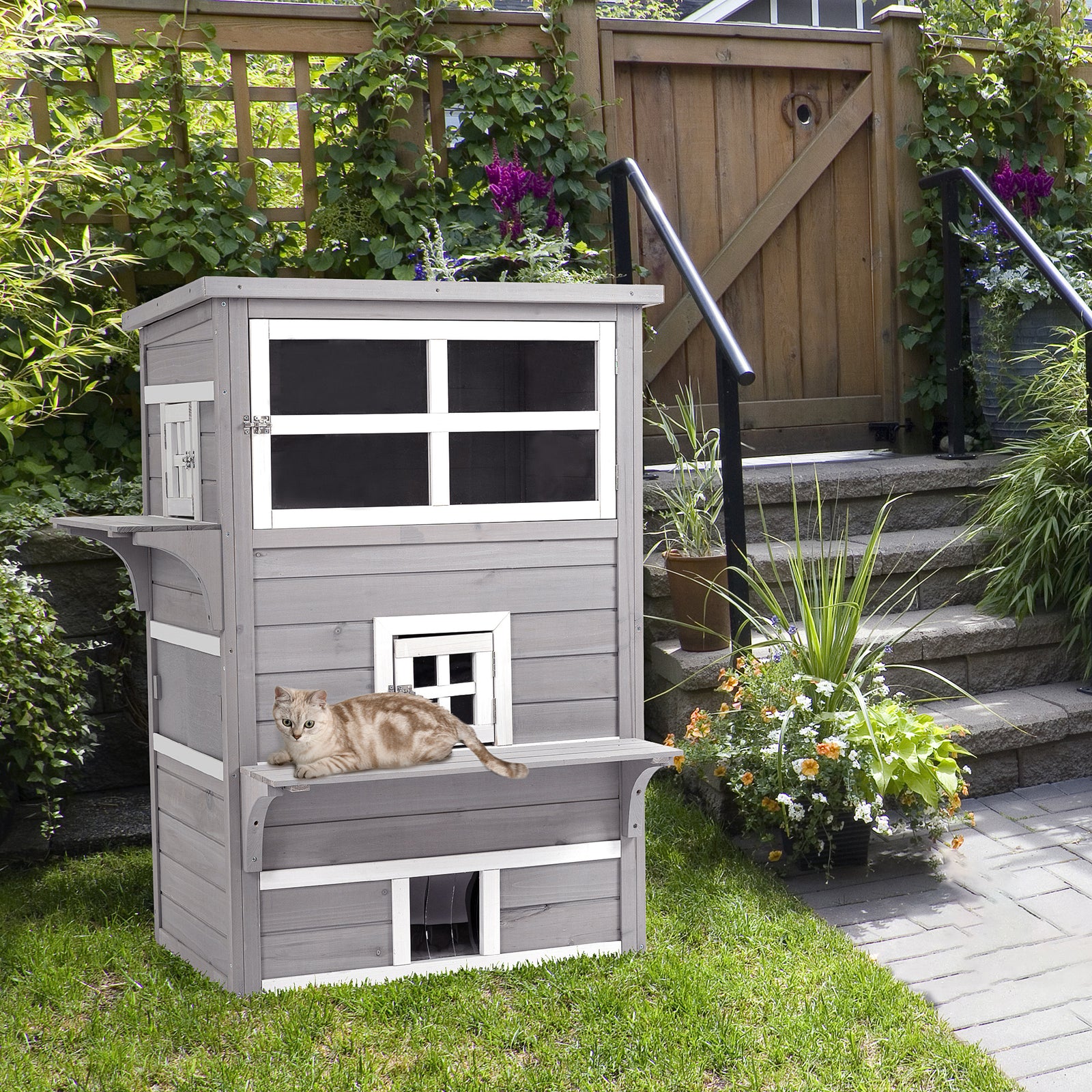 3-tier Wooden Kitten Shelter For Indoor, Outdoor - Grey