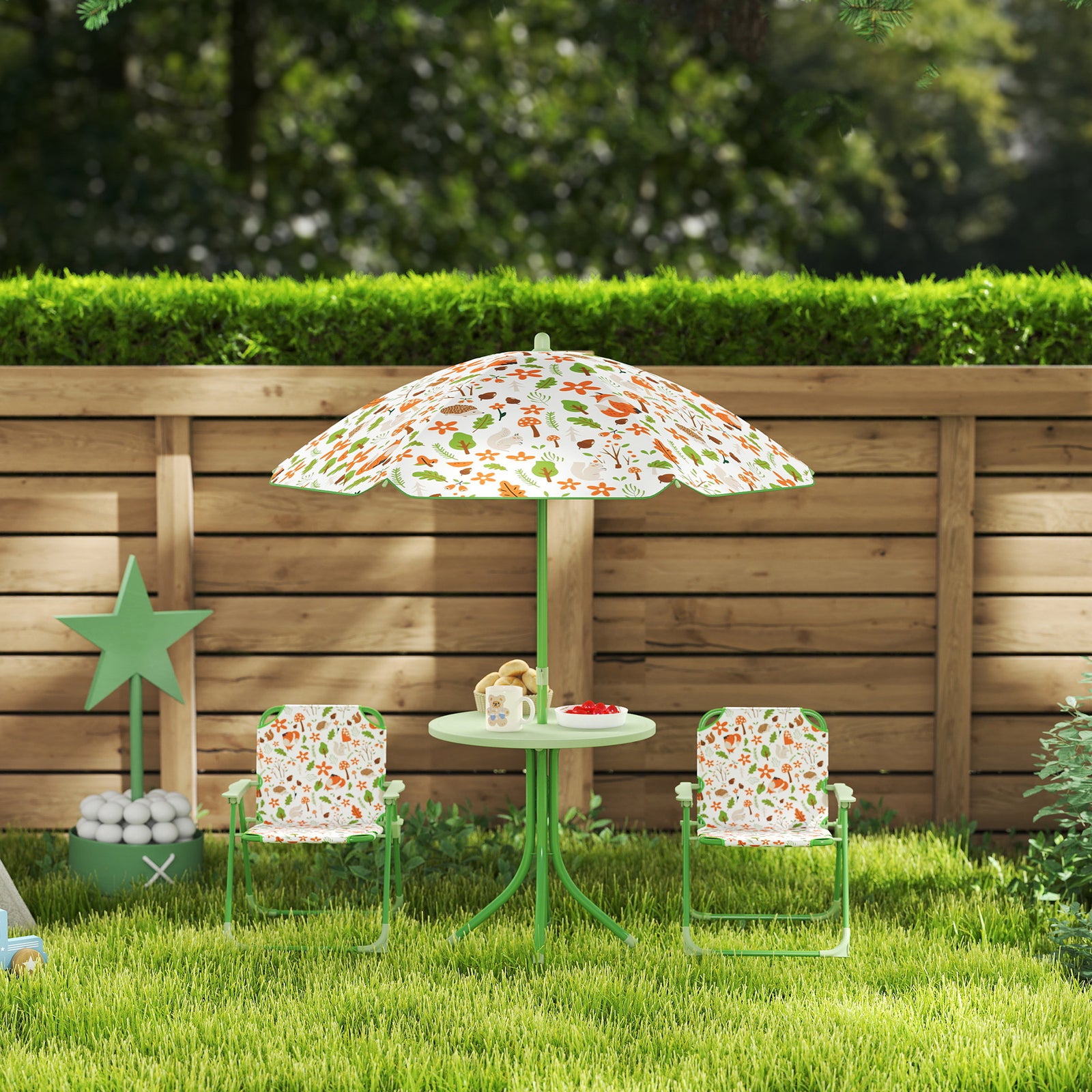 Kids Garden Furniture, Children Table And Chair Set W/ Adjustable Parasol | Green