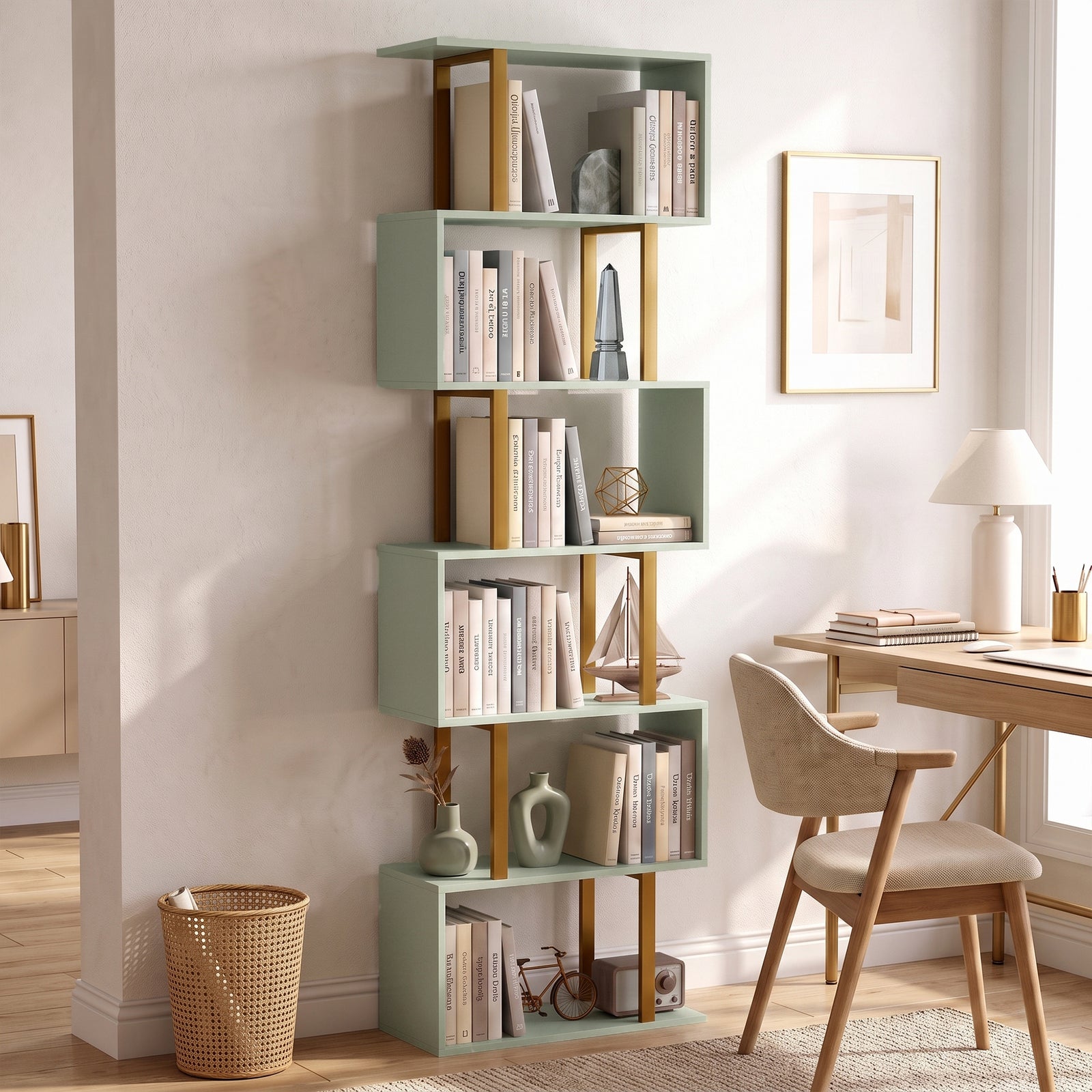 S-shaped Bookshelf, 6-tier Bookcase With Anti-tip Strap | Light Green