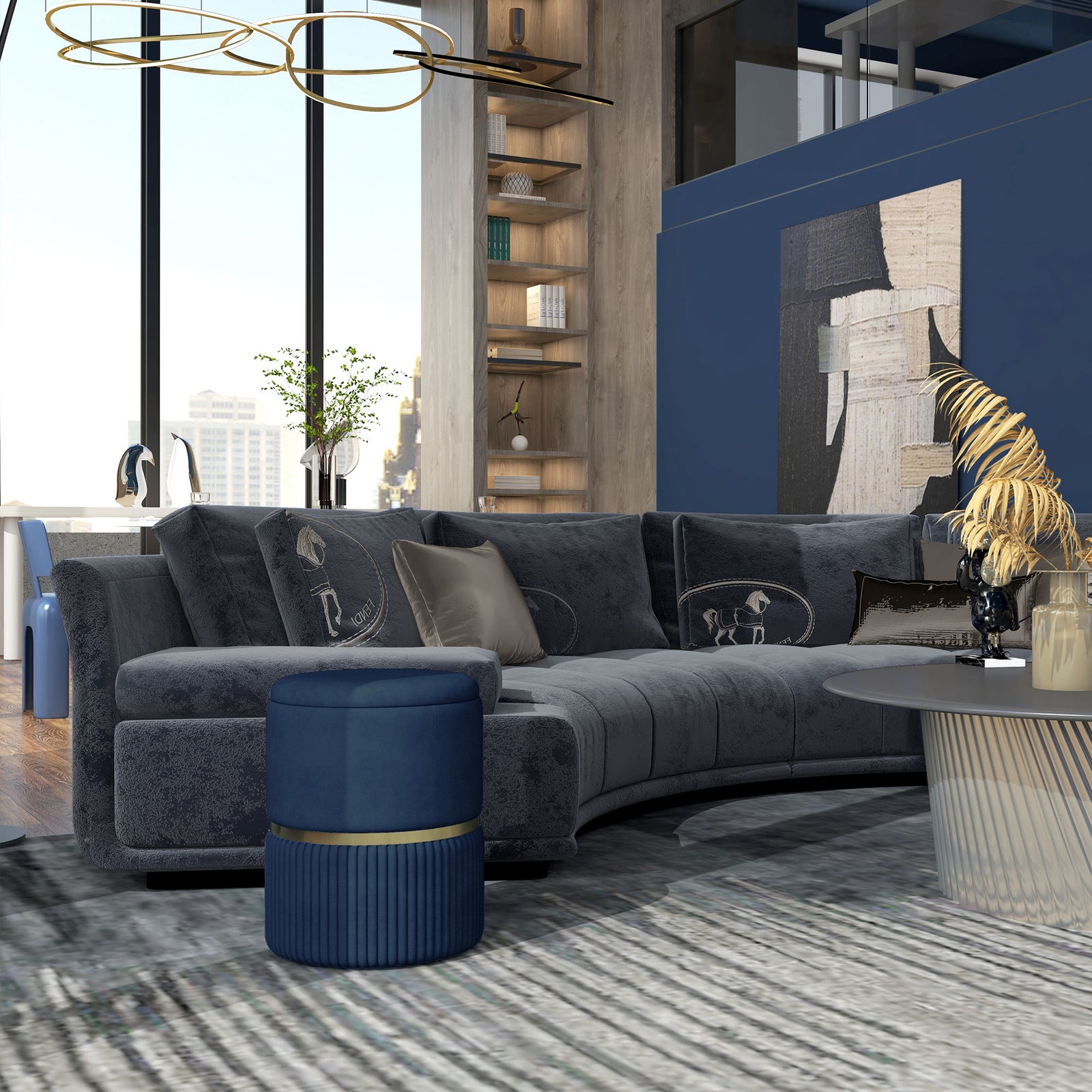 Round Pouffe, Hidden Space, Cushioned Top | Dark Blue