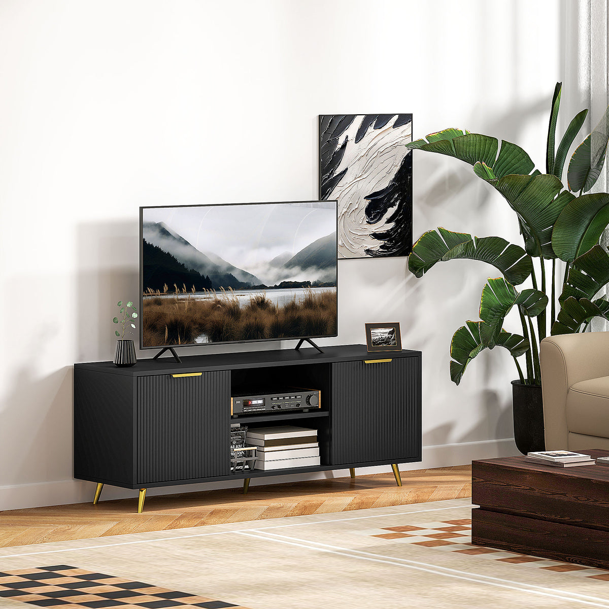 HOMCOM Modern Tv Stand Cabinet With Storage For Living Room, Black