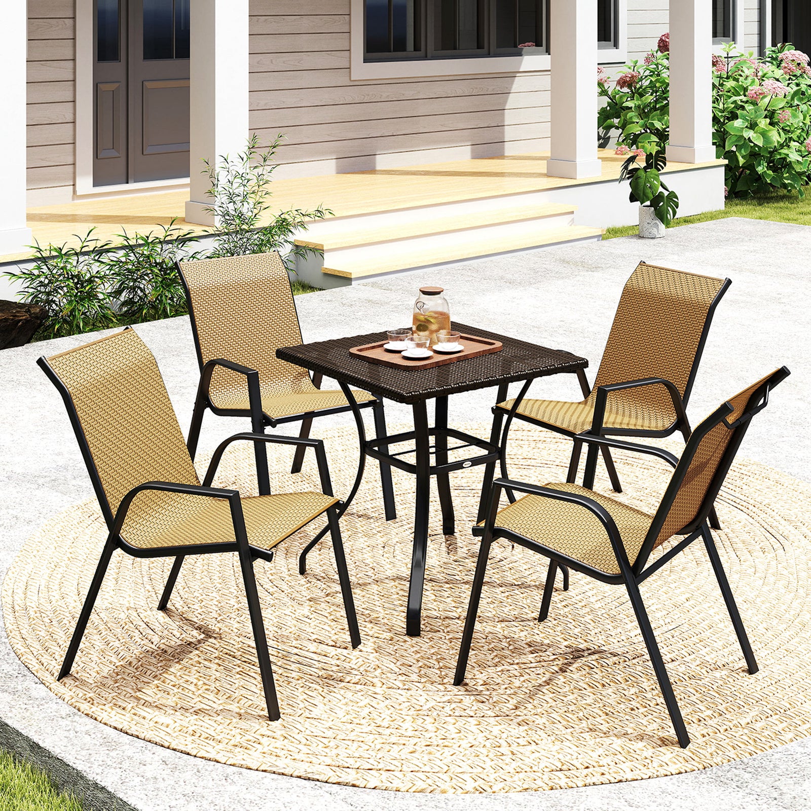 Outsunny Stackable Outdoor Chairs Set Of 4, Rattan With Armrests