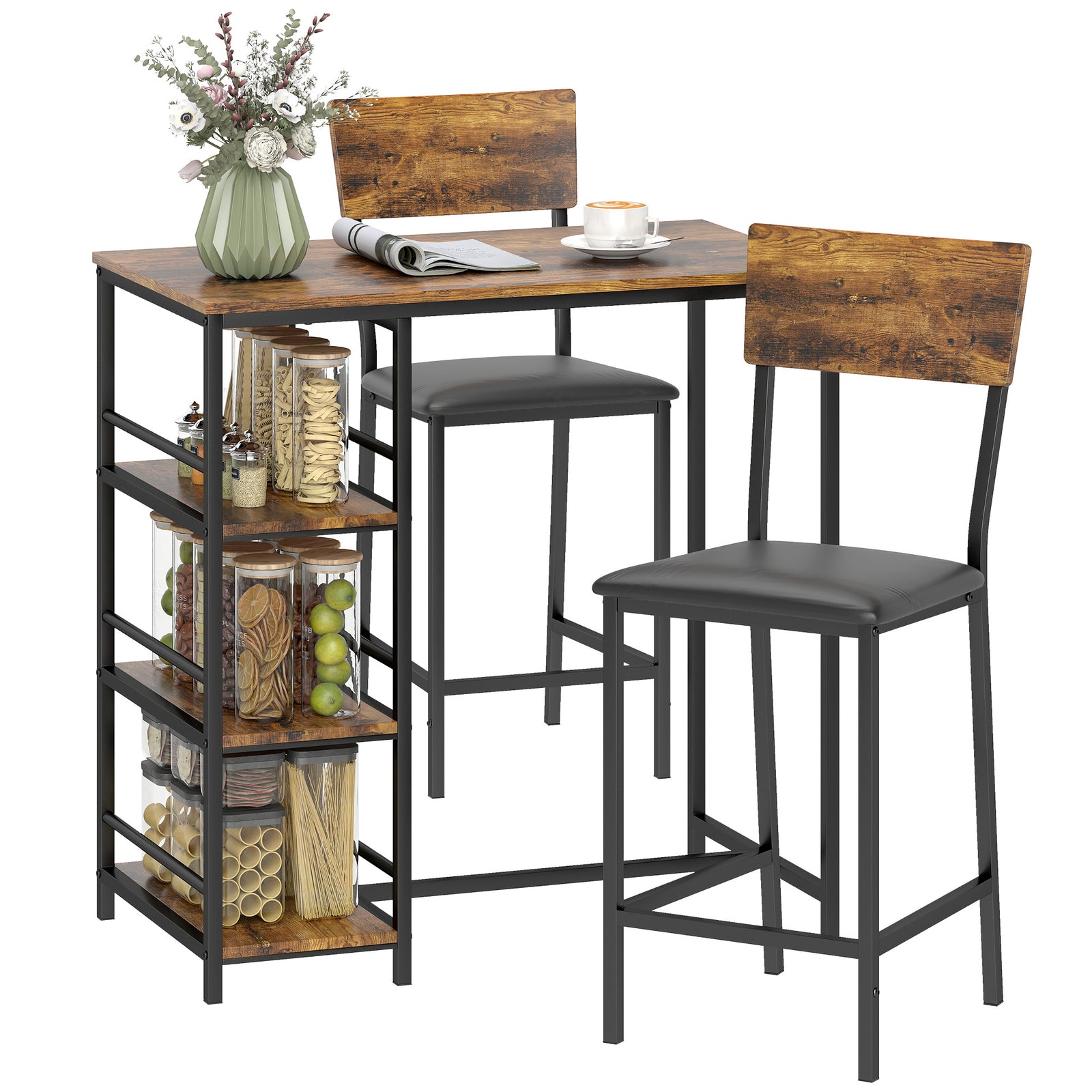 HOMCOM Industrial Bar Table Set With Storage And Padded Seats, Rustic Brown