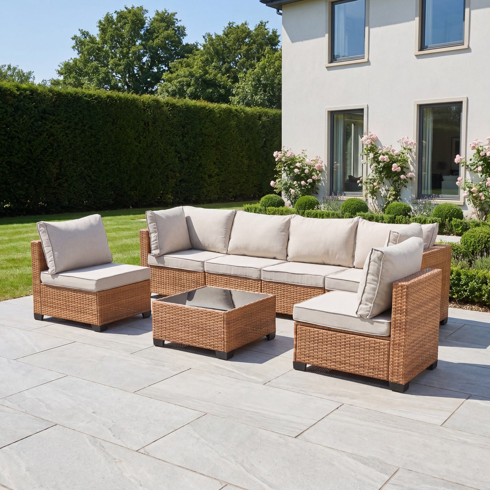 Saviano 6 Seat Modular Rattan Conversation Set | Cream & Brown