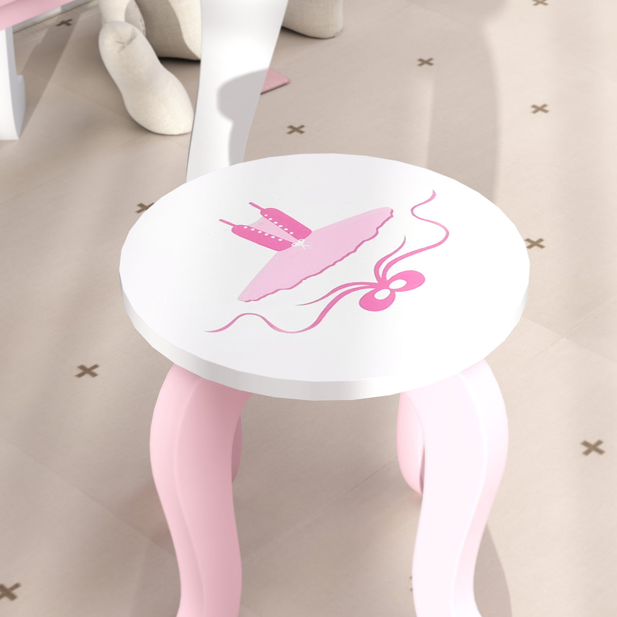 Kids Dressing Table Set, Ballet Theme Vanity Table With Stool, Mirror, Drawer