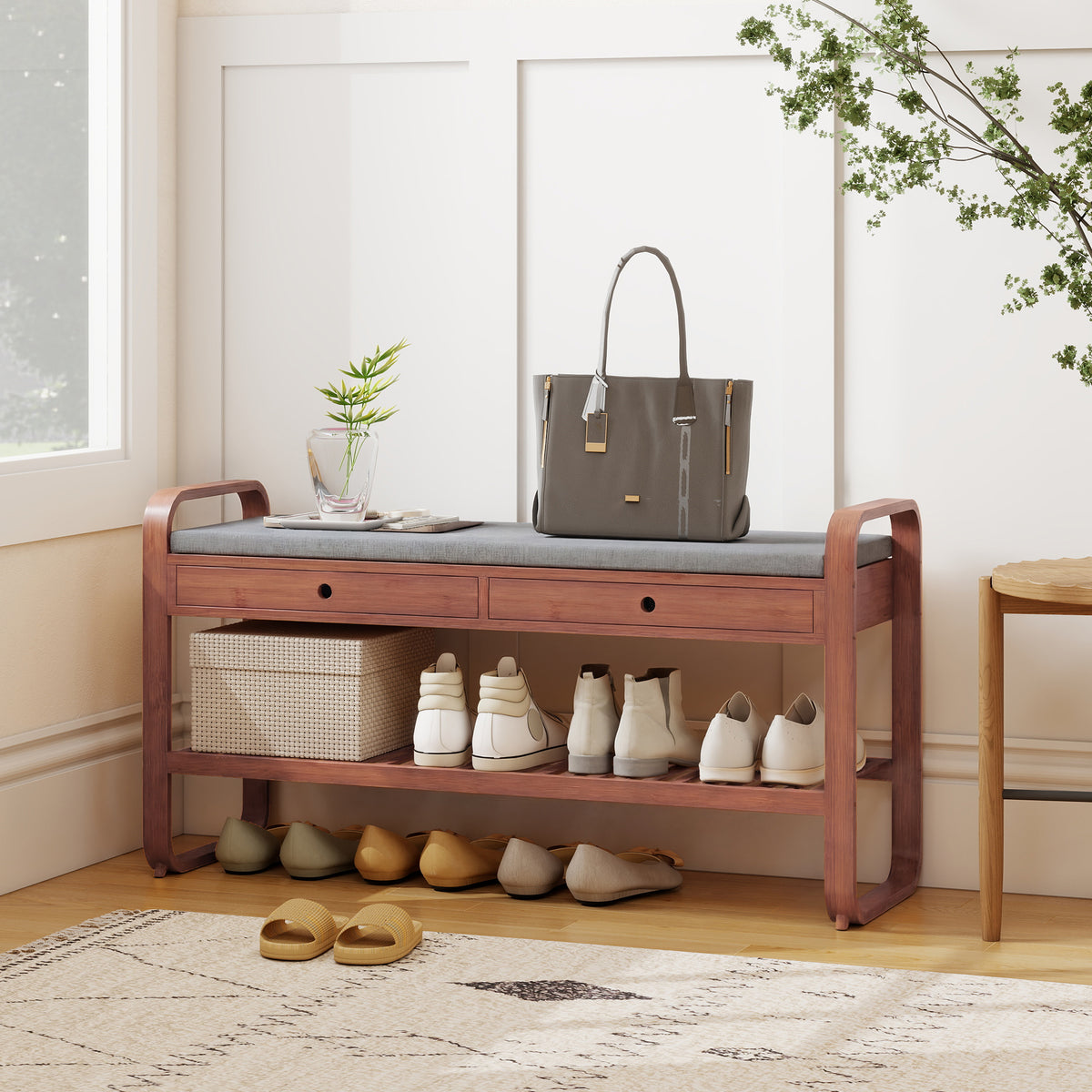 Shoe Bench With 2 Drawers Cushioned Seat 105cm | Dark Brown