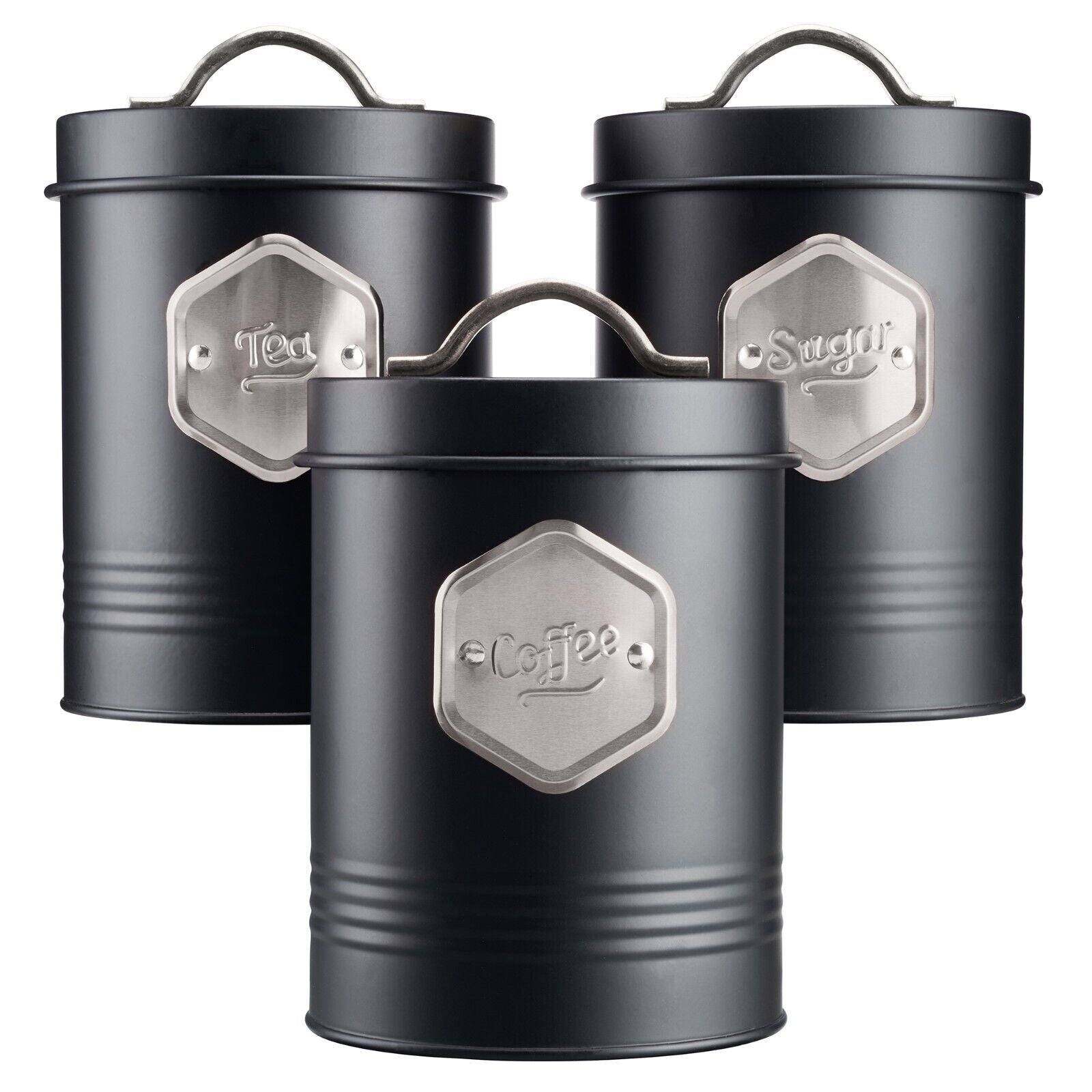 Tea Coffee & Sugar Canisters Bin Jar Storage 3pc Black/silver | Black