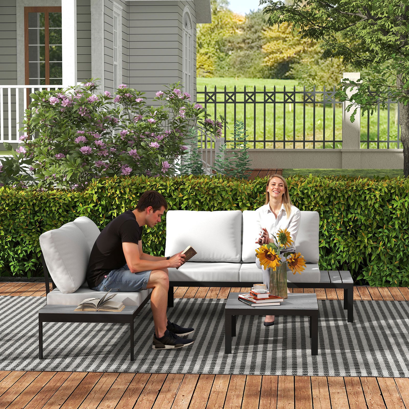 4 Seater Garden Corner Sofa Set W/ Removable Thick Cushions