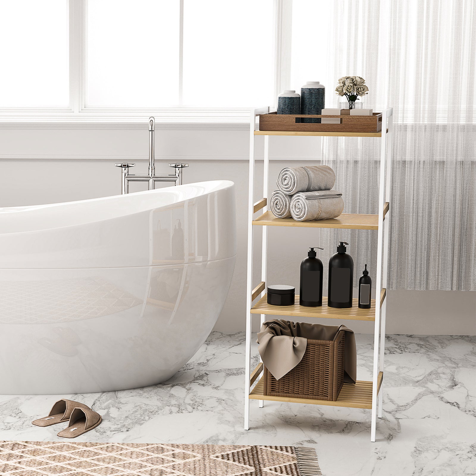 4-tier Bamboo Bathroom Storage Shelf With Adjustable Rack | One Size | White
