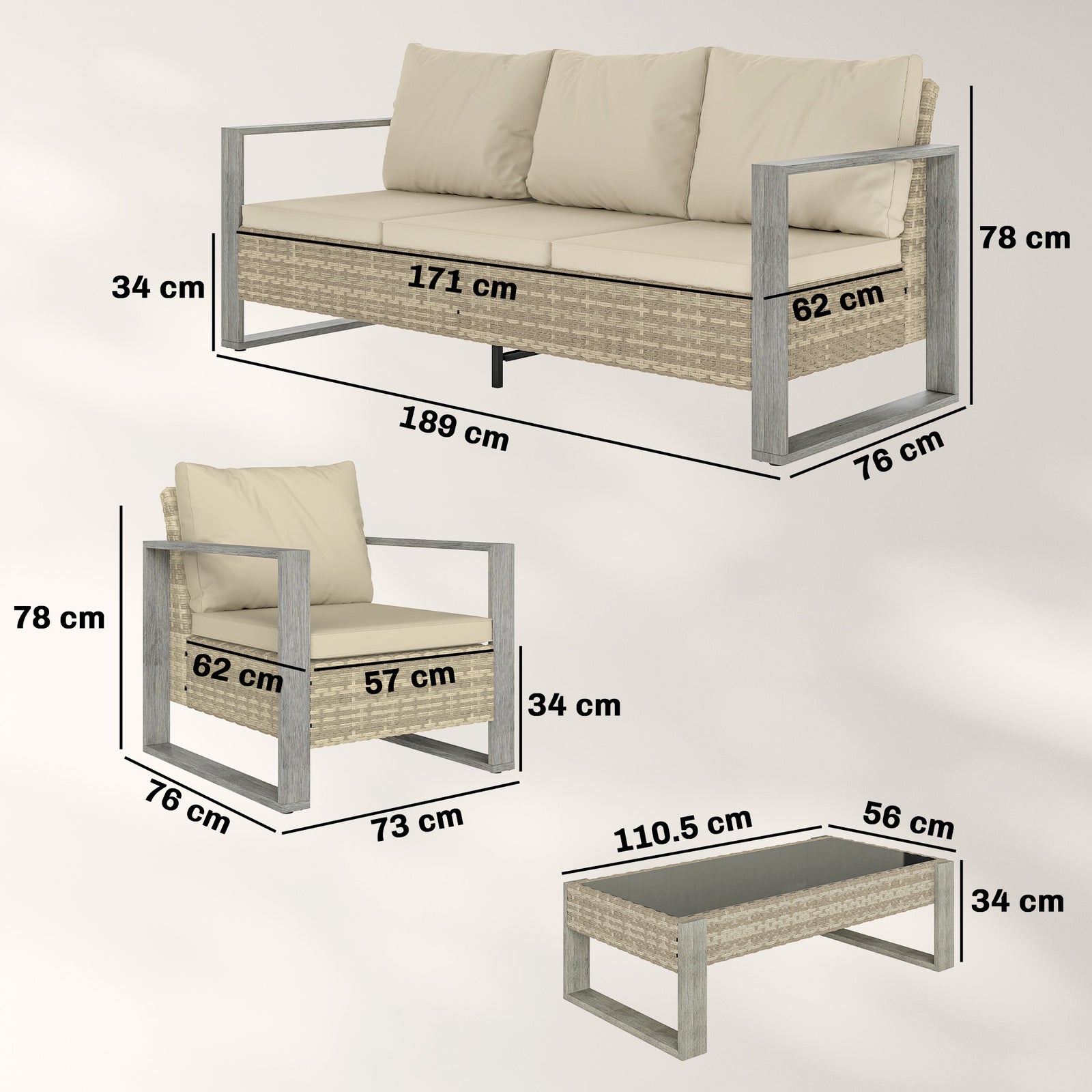 4 Seater Rattan Garden Furniture Set With Non-slip Mats, Khaki