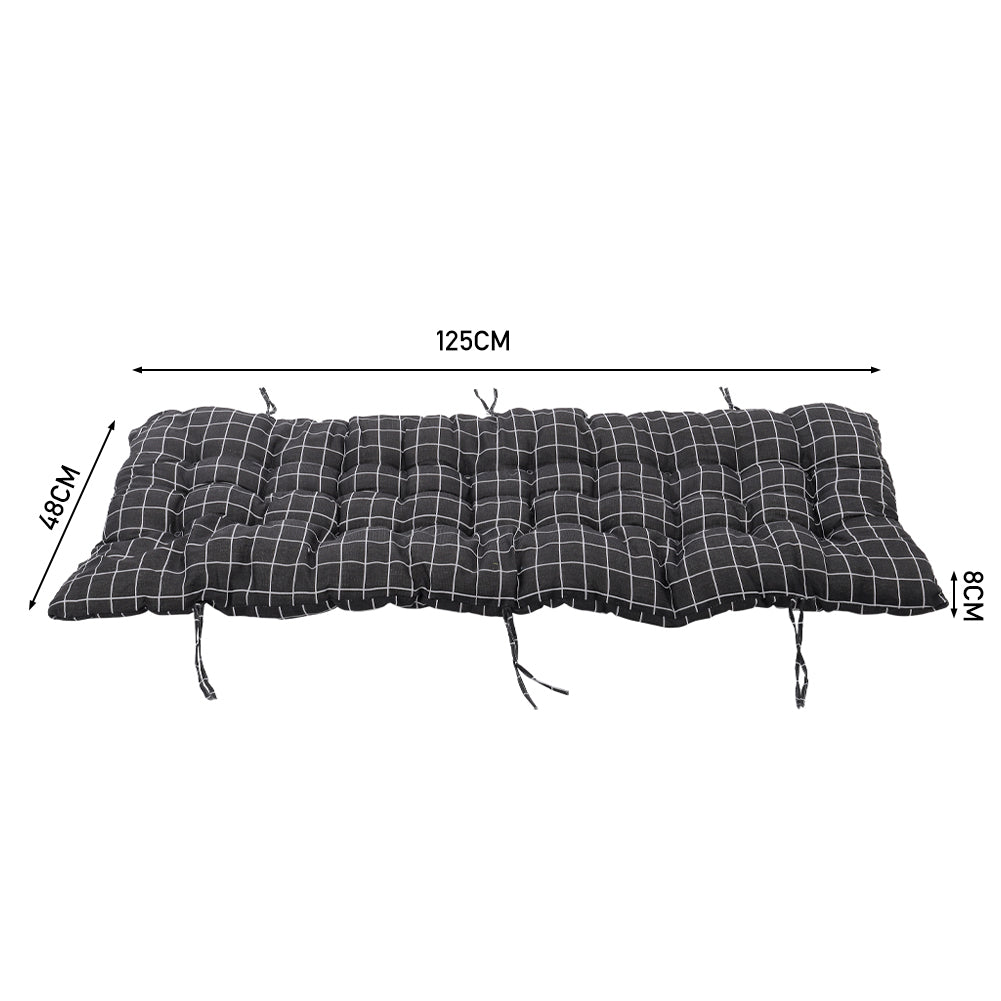 Outdoor Bench Cushion Black Checkered Thick Padded Seat Pad With Ties For Garden Or Patio Furniture