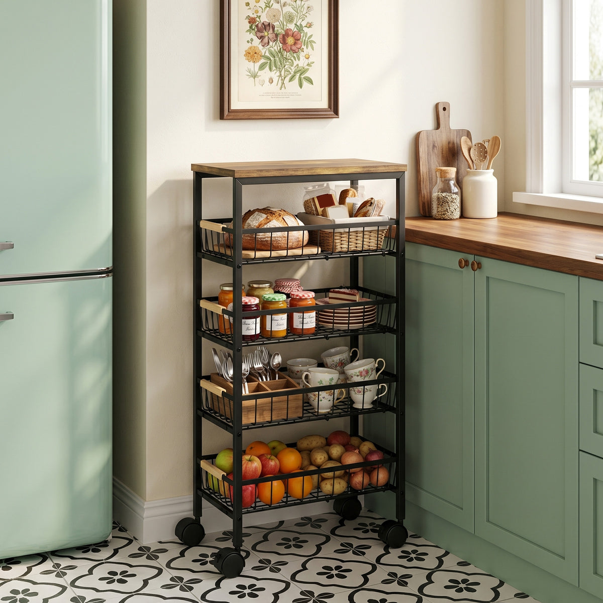HOMCOM Metal Kitchen Trolley With Pull-out Baskets, Rustic Brown