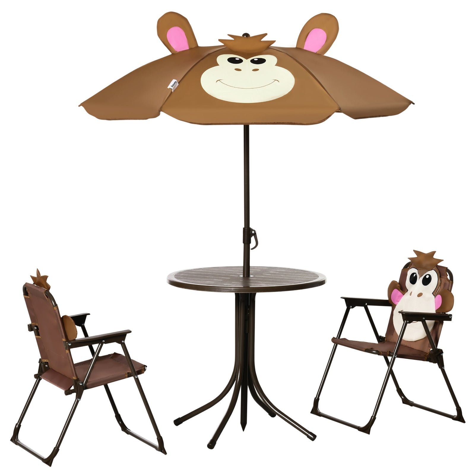 Kids Foldable Four-piece Garden Set W/ Table, Chairs, Umbrella - Brown