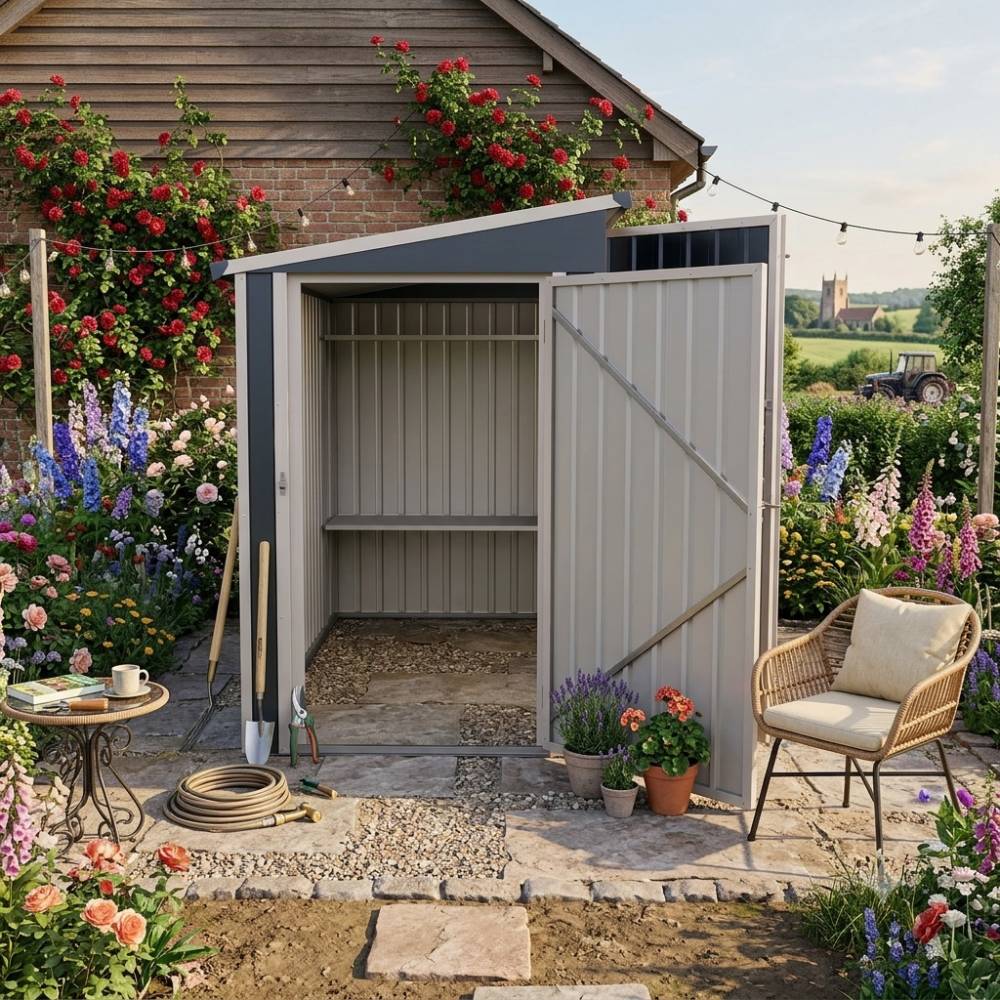 8x4 Ft Outdoor Metal Storage Shed with Pent Roof with Dual-Direction Access Doors & Adjustable Shelves, Weather-Resistant Garden Tool Storage House