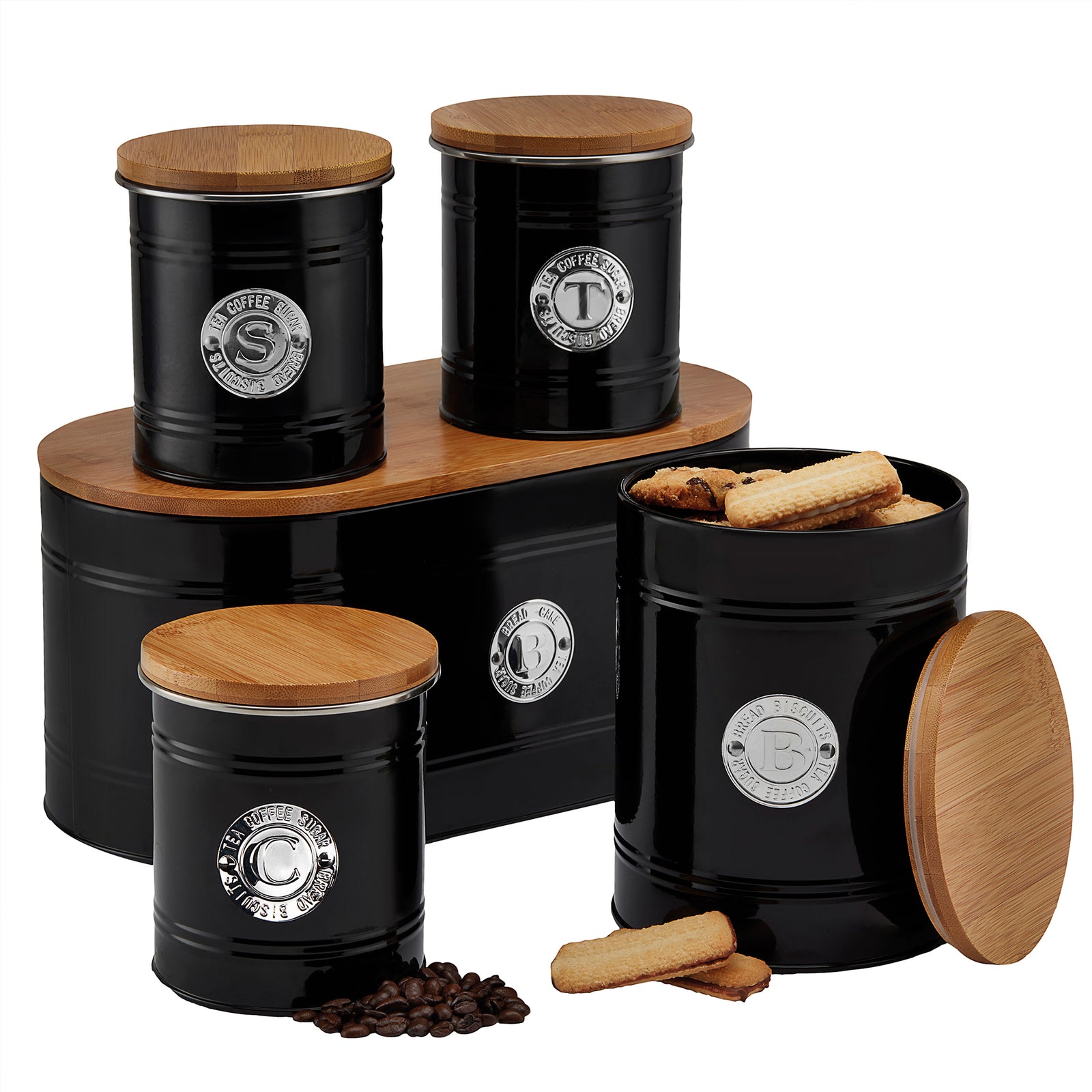 Kitchen Storage Set 5 Piece With Bamboo Lids   Black
