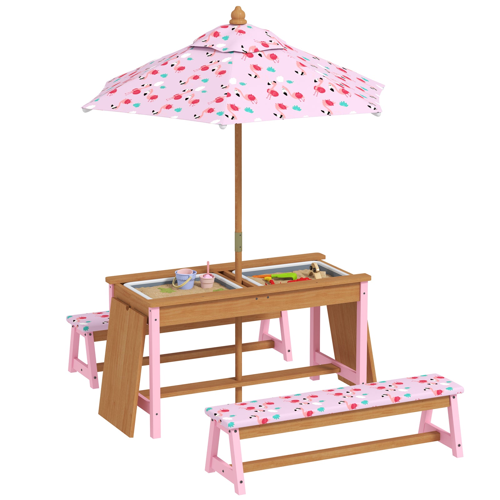 Kids Picnic Table, Garden Table And Bench Set W/ Umbrella, Boxes, Pink