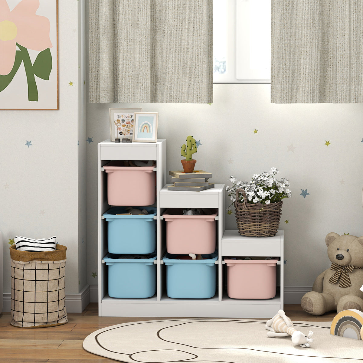 AIYAPLAY 3-layer Kids Toy Storage Unit With 6 Removable Bins
