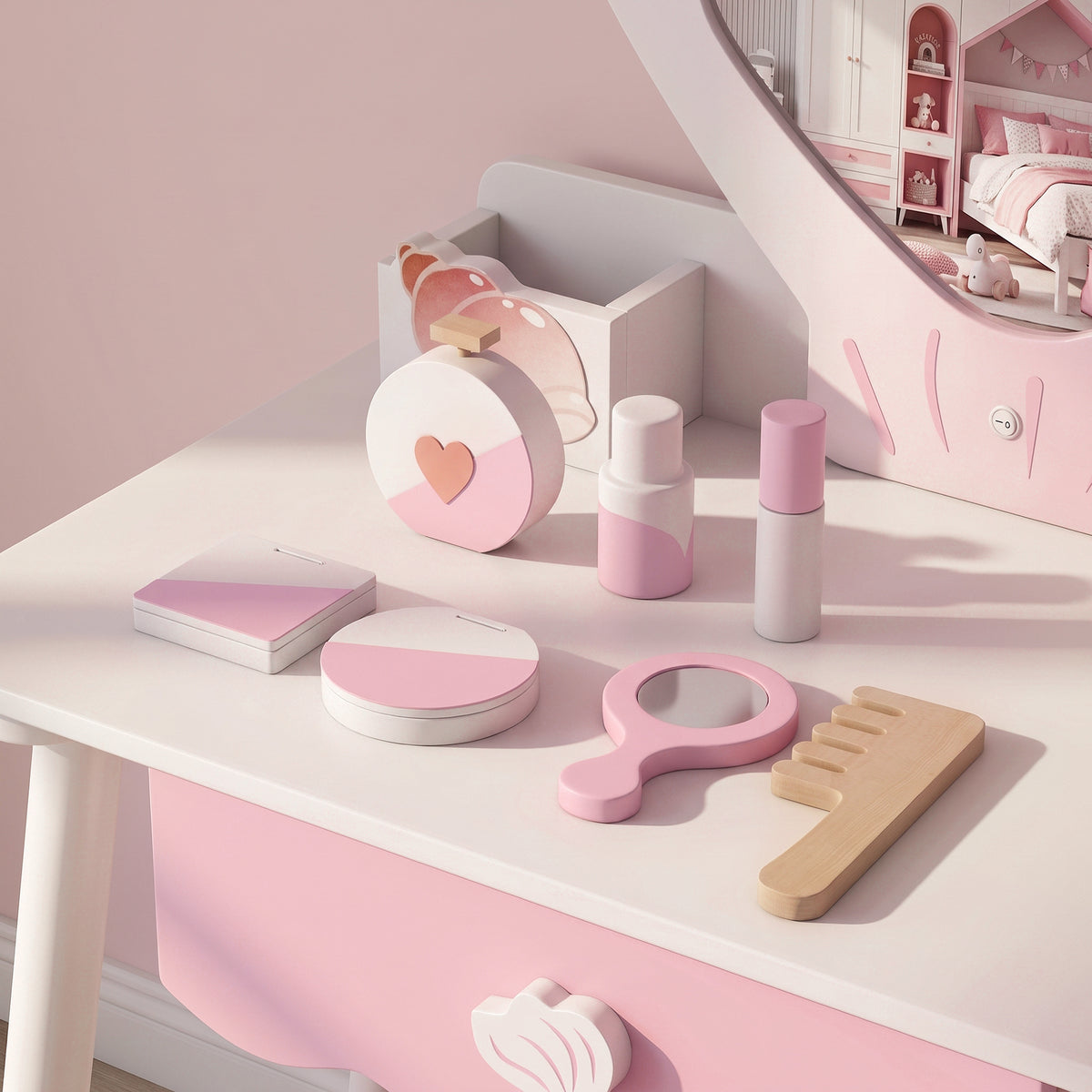 AIYAPLAY Kids Vanity Set With Chair, Acrylic Mirror, Lighted Bulbs, Pink