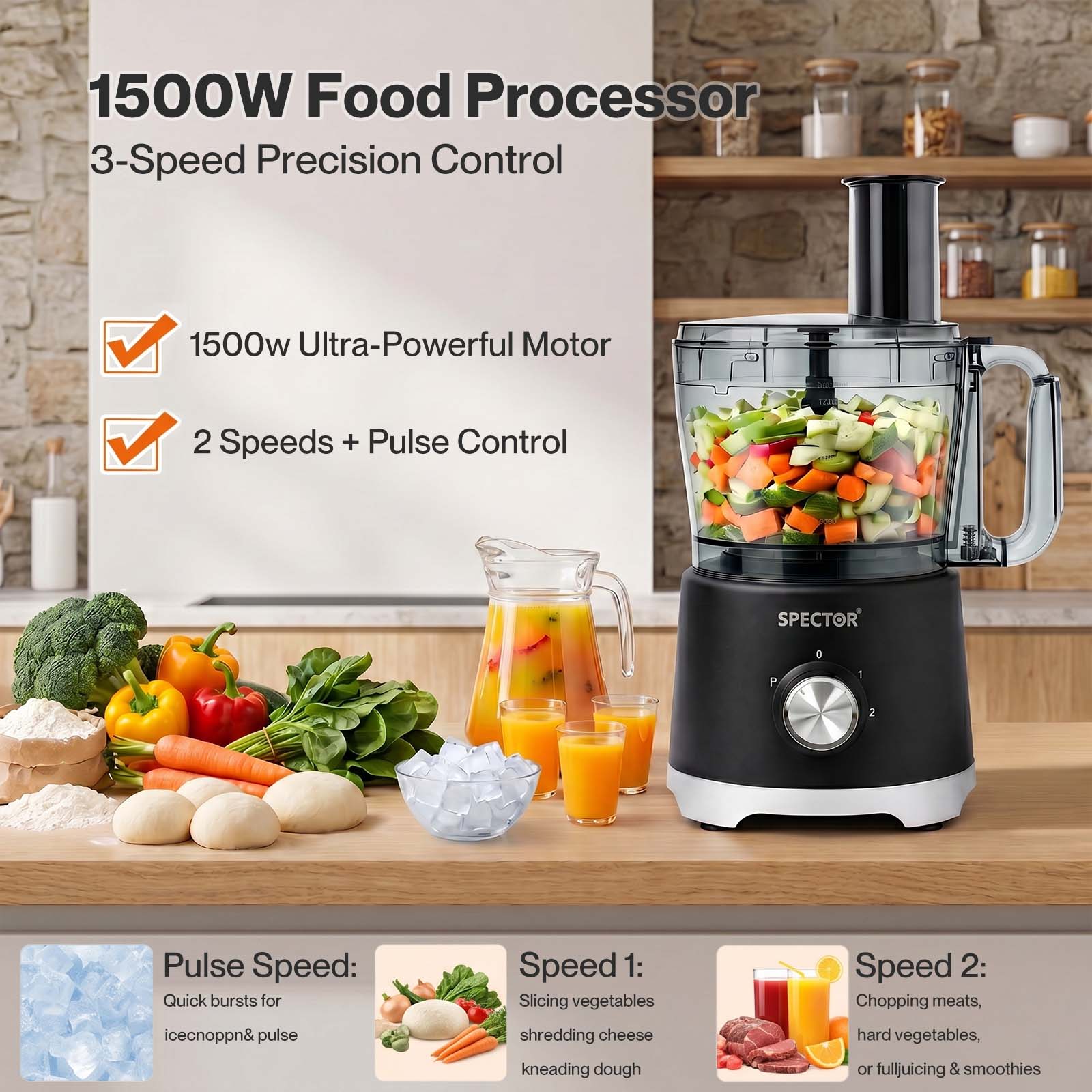 Spector Food Processor 1500w 2-speed Pulse 2.5l Chopper 1.5l Glass Jug