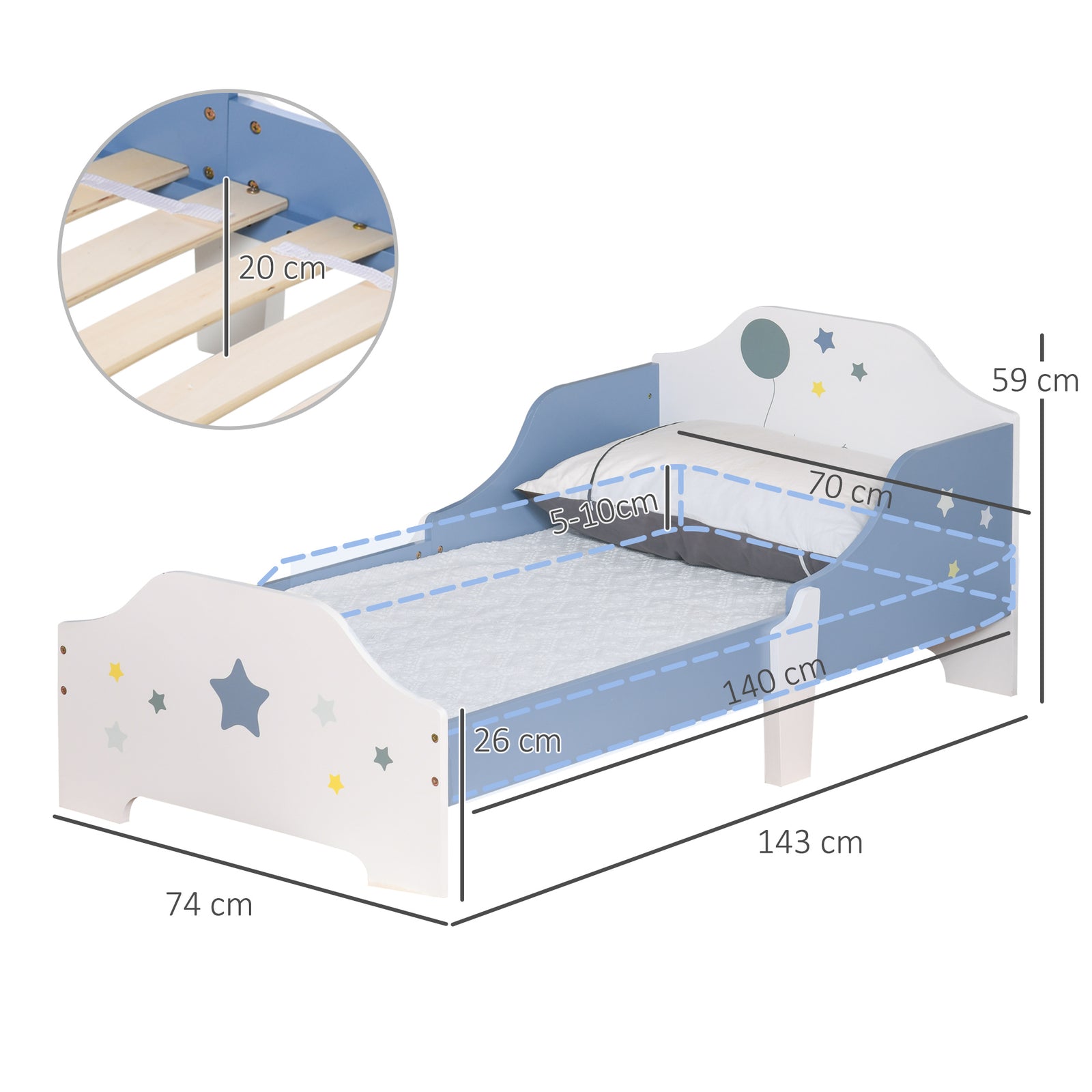 Kids Star & Balloon Single Bed Frame With Safe Guardrails Slats Bedroom Furniture