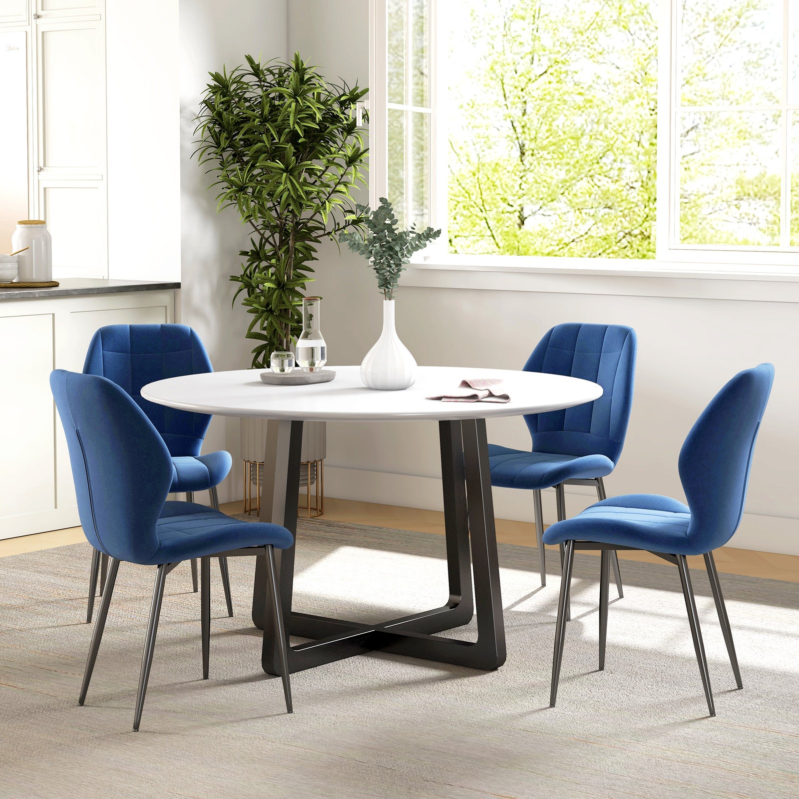 Dining Chairs Set Of 4, Flannel Upholstered Kitchen Chairs | Blue
