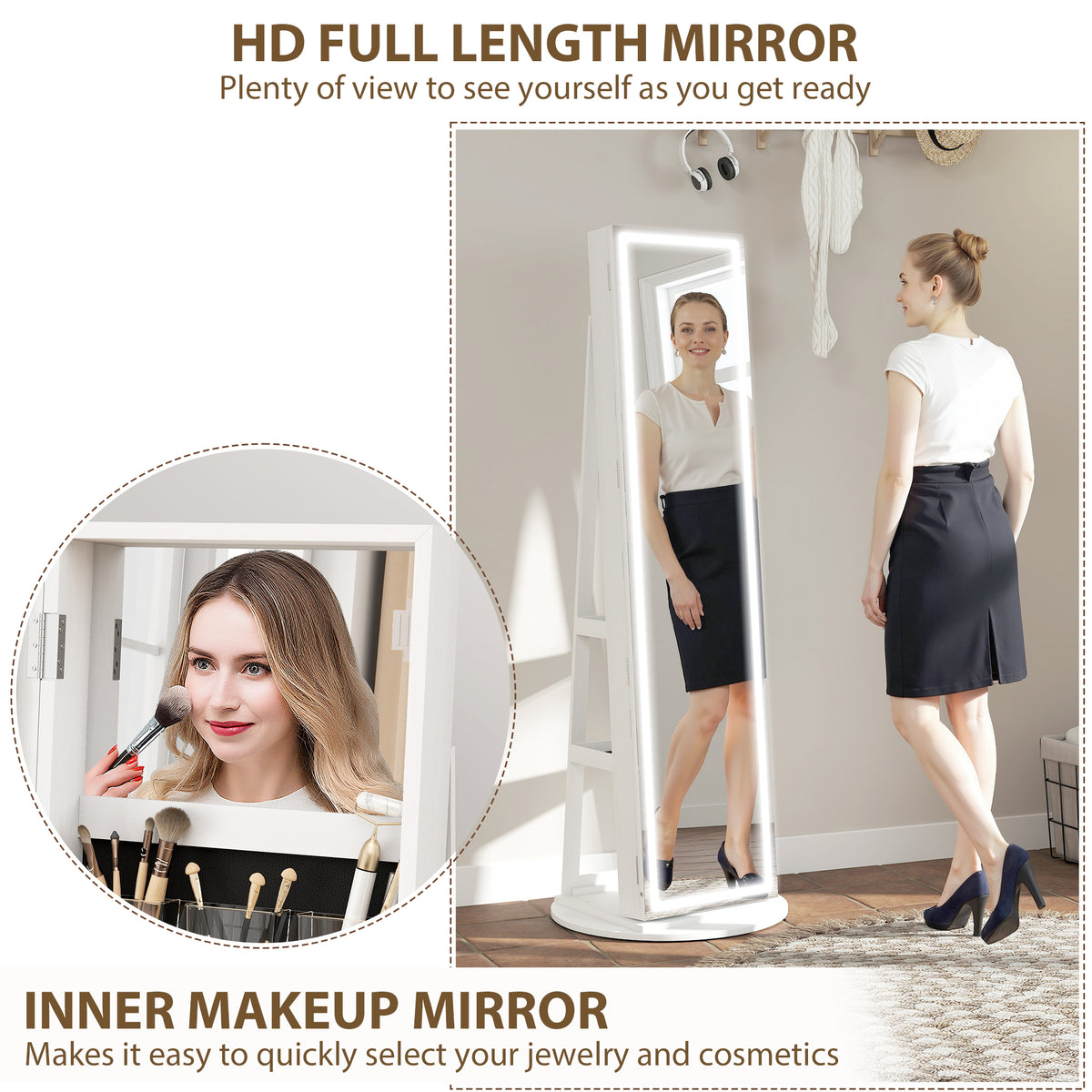 HOMCOM Jewellery Cabinet, Full Length Mirror With Storage, White