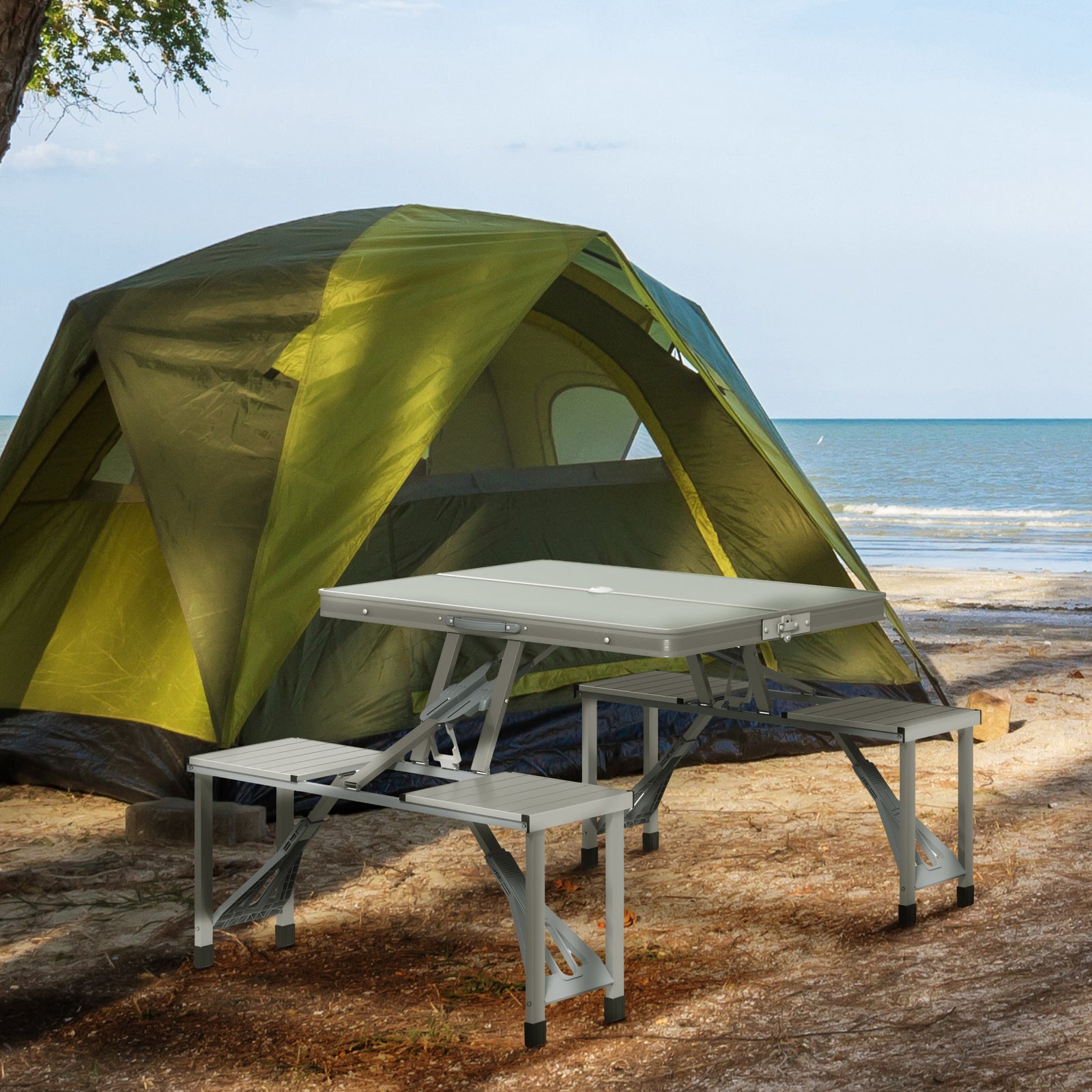 Folding Camping Picnic Table W/ 4 Seats And Umbrella Hole