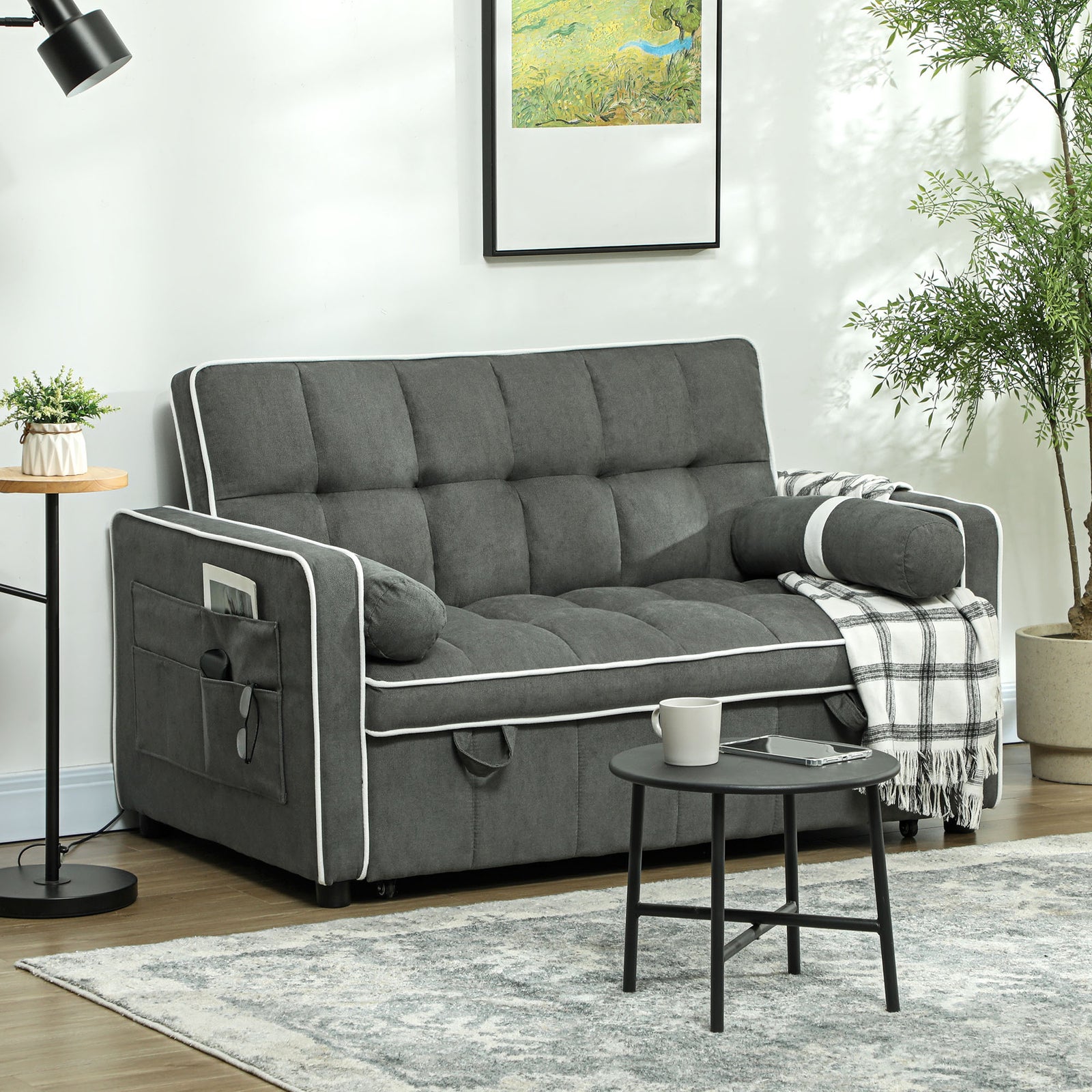 2 Seater Pull Out Sofa Bed With Adjustable Backrest, Charcoal Grey