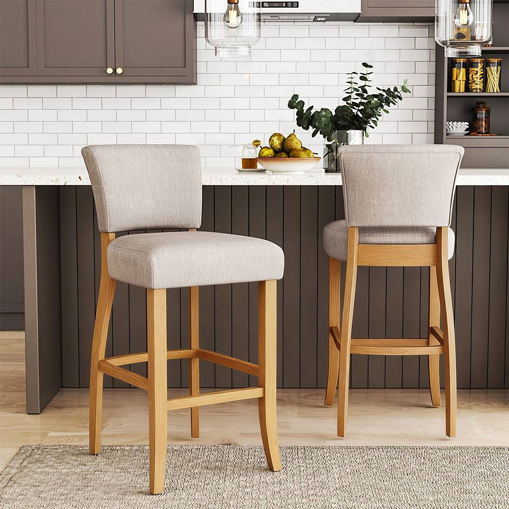 Set Of 2 Beige Linen Upholstered Bar Stools – Armless Counter Chairs With Solid Hardwood Legs, Modern Style
