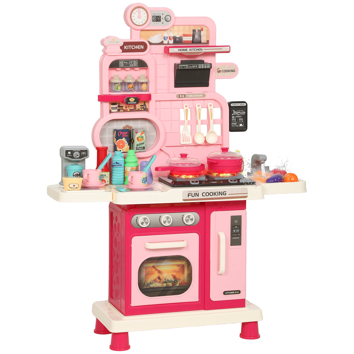 AIYAPLAY 33 Pcs Play Kitchen With Lights, Sounds, Storage, Pink
