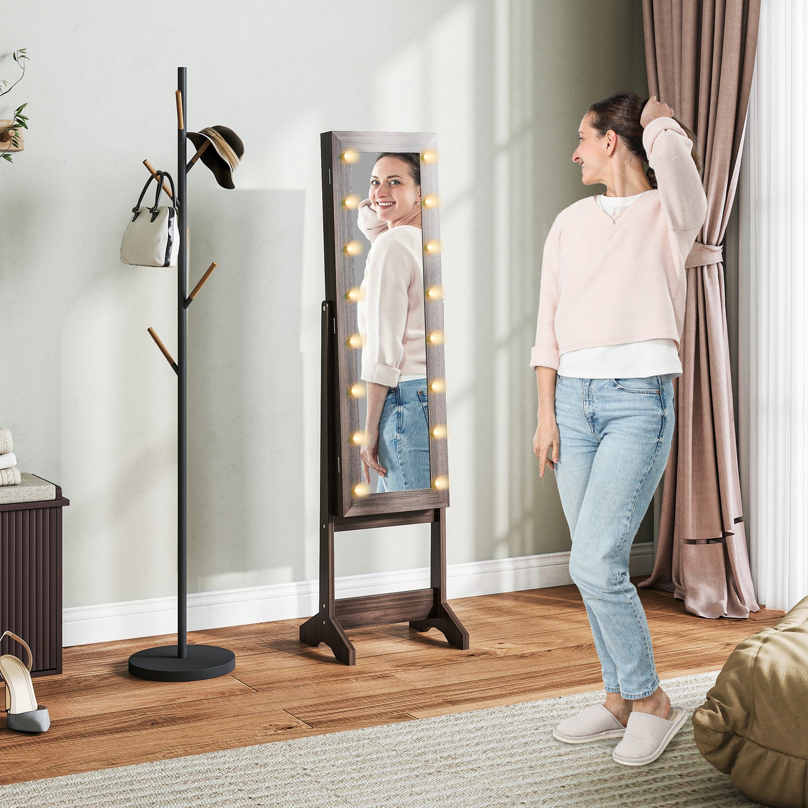 Freestanding Mirror Jewelry Cabinet With Led Lights | Dark Brown
