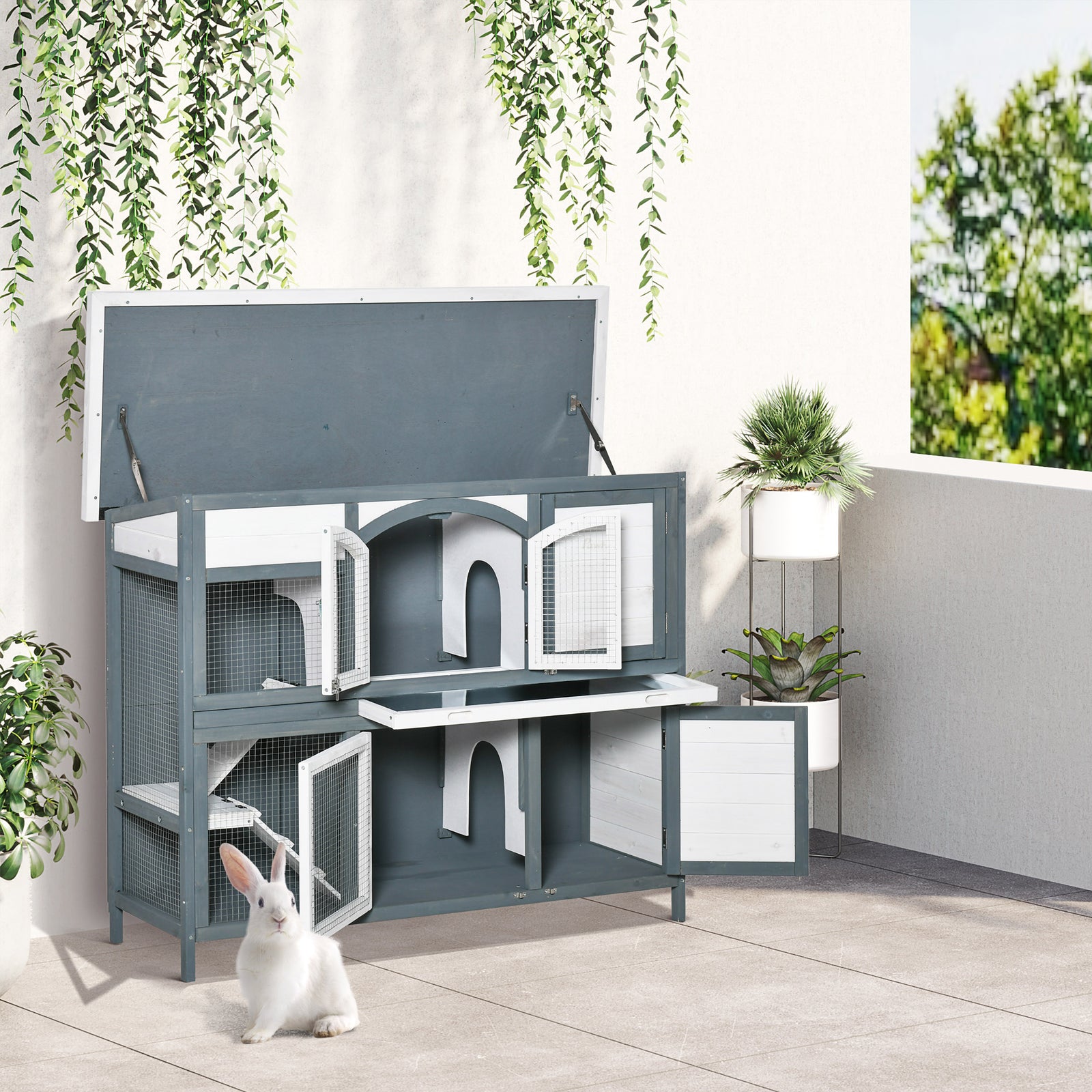 Two-tier Wooden Rabbit Hutch W/ Openable Roof, Slide-out Tray, Ramp | Gray
