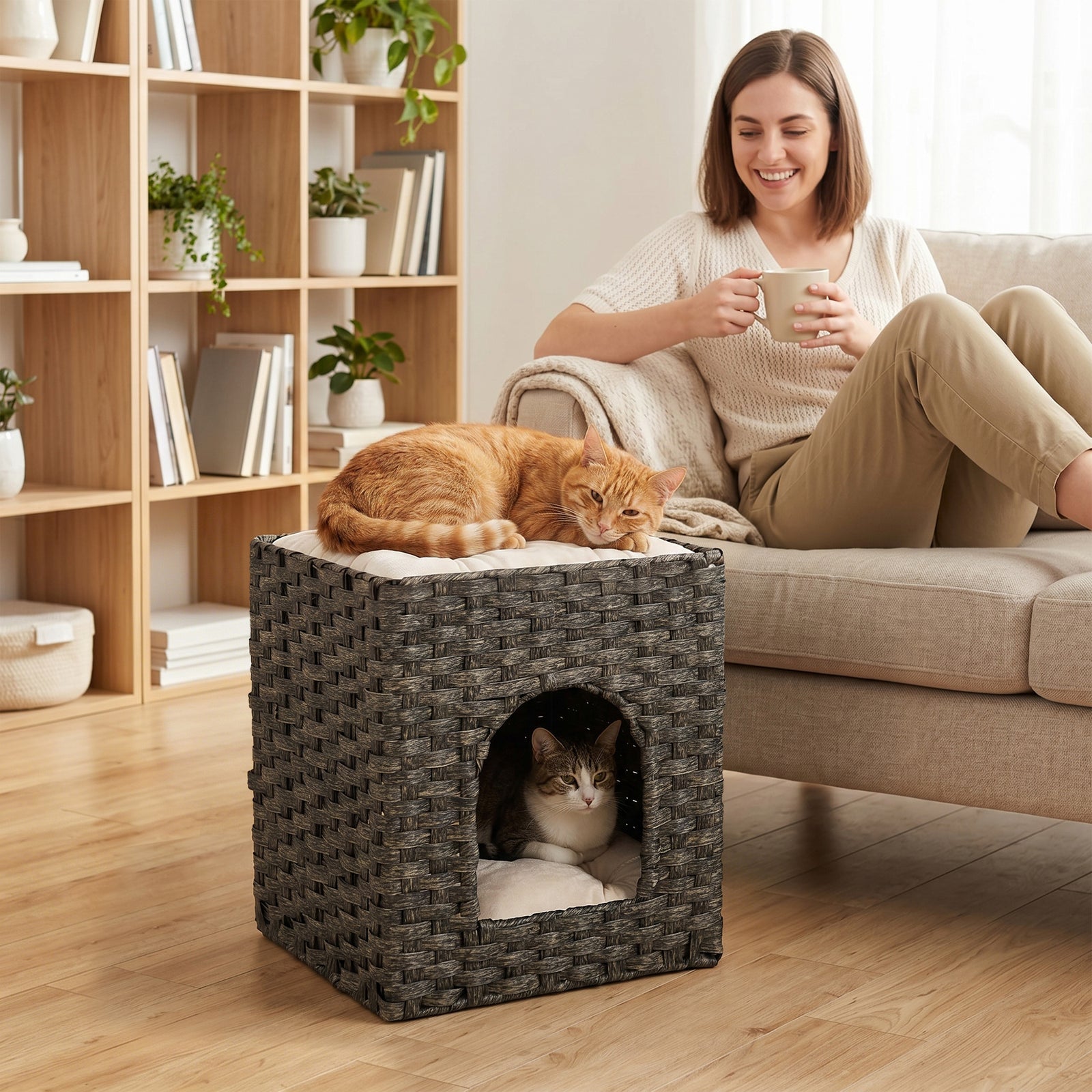 PawHut 2-tier Wicker Cat House, Rattan Cat Bed With Washable Cushions