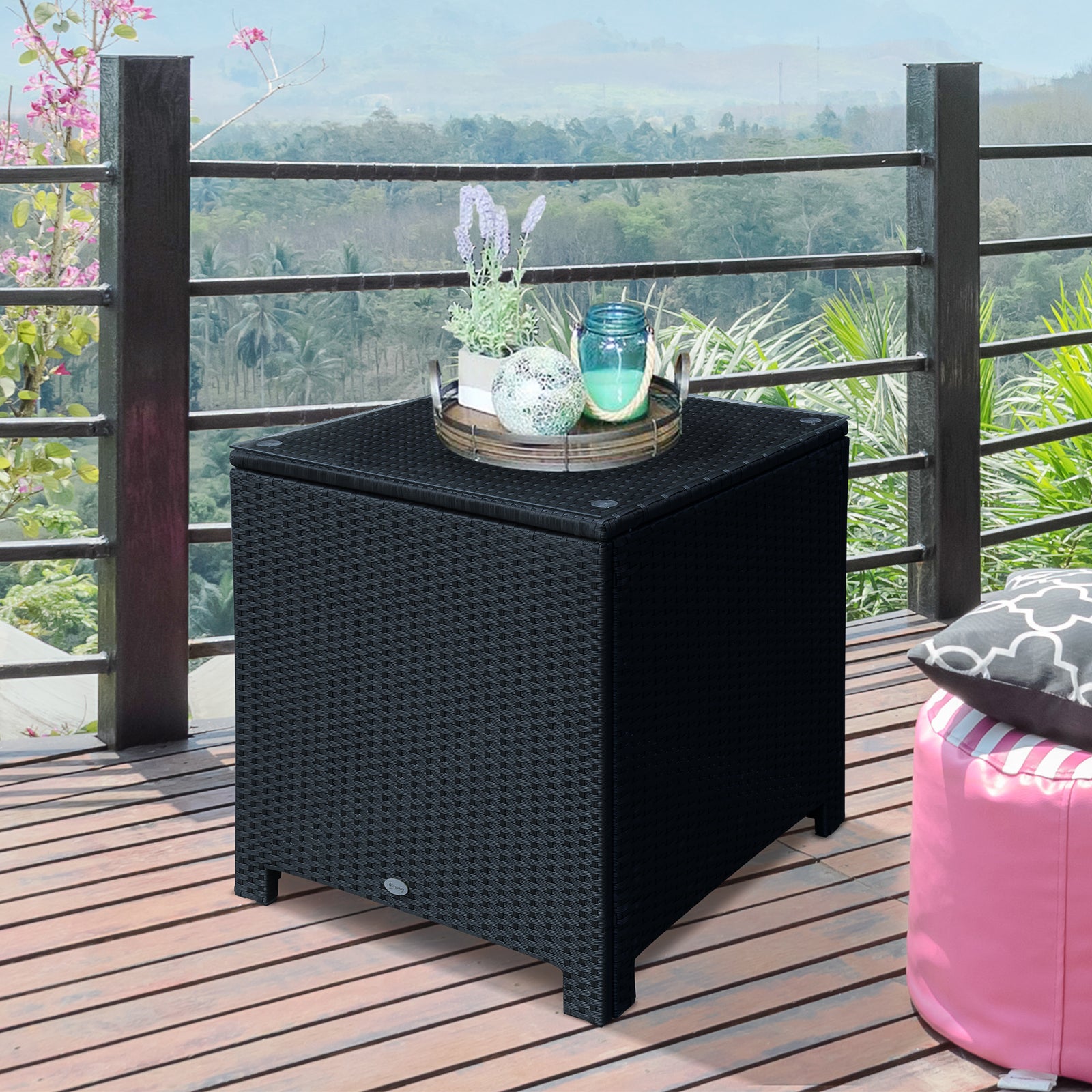 Rattan Garden Side Table Wicker Patio With Tempered Glass | Black