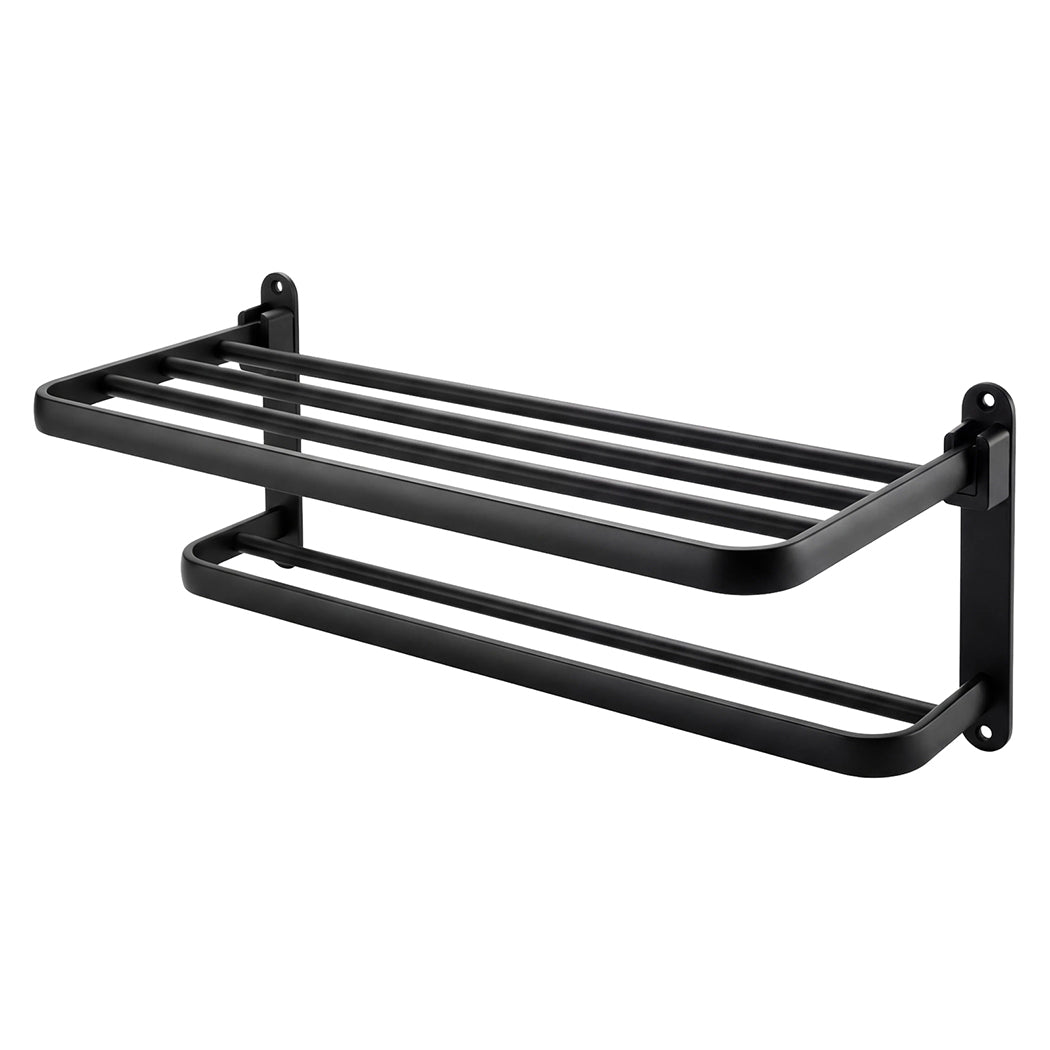 Towel Holder With 2 Bars Wall Mounted No Drill Bathroom Shelf Black | Black