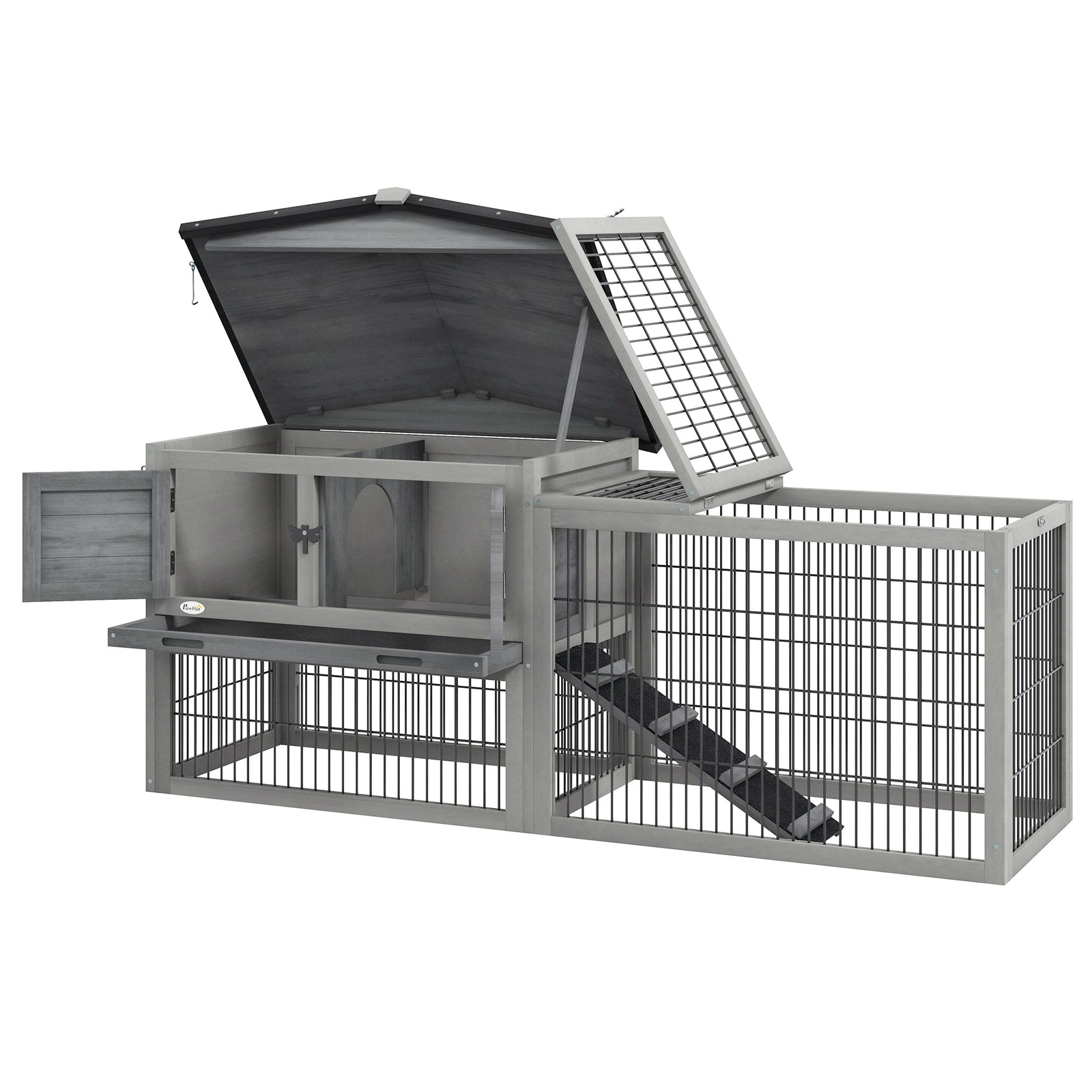 Wooden Rabbit Hutch With Run, Asphalt Roof, Pull-out Tray, Ramp | Gray
